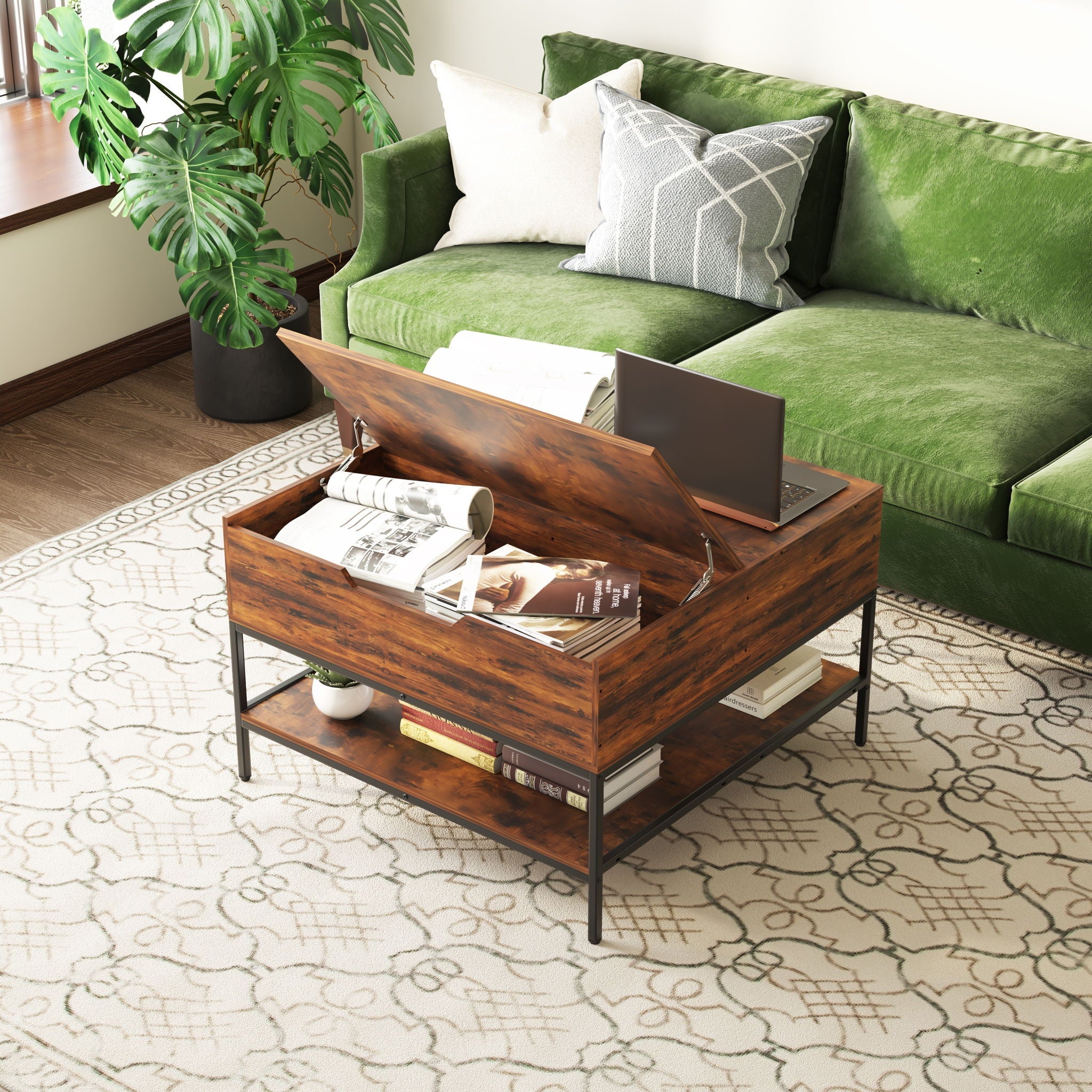 Flip-Top Coffee Table With Storage Lift-Top Design With Hidden Compartment - Black