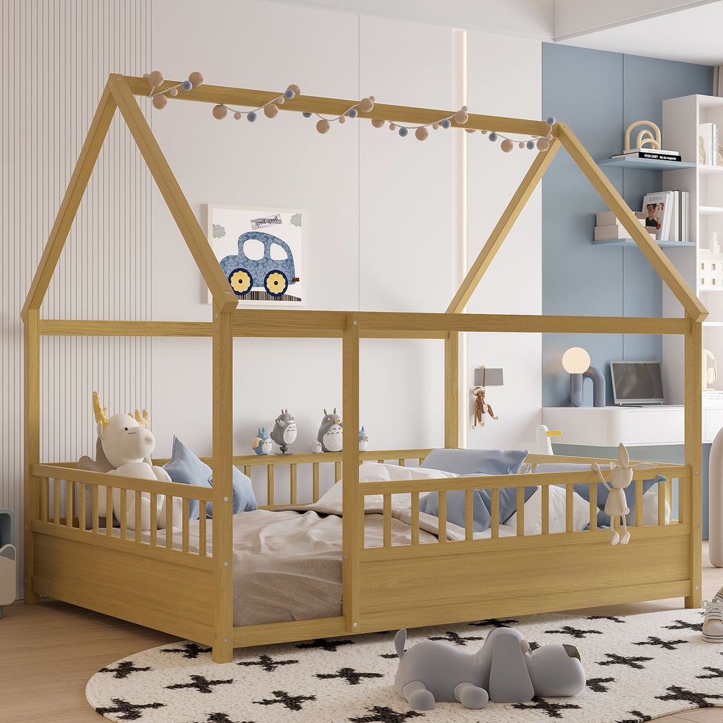 Full Size Wooden Bed with House Roof Frame