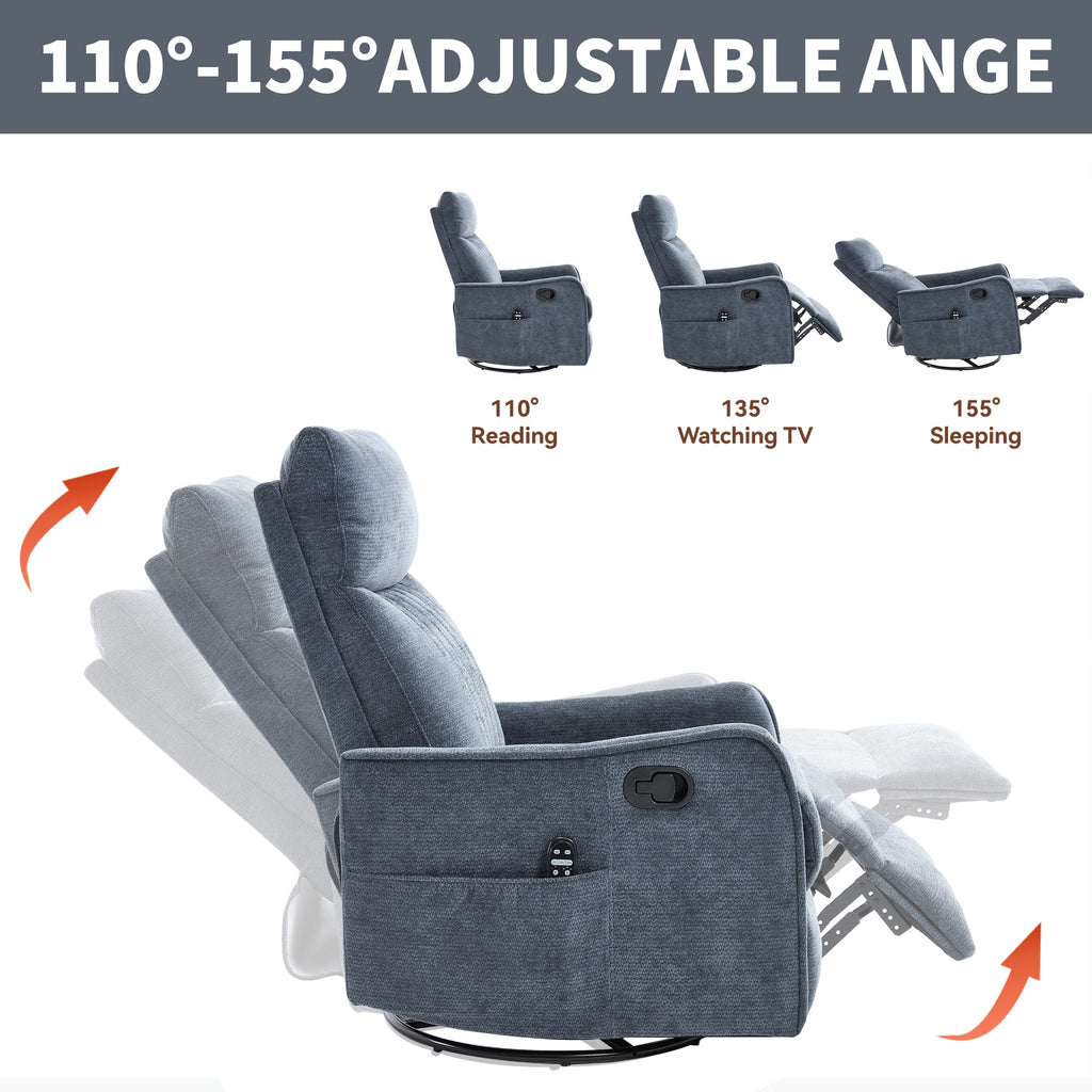 Blue Heat Massage Manual Recliner Chair with Rocker and Swivel