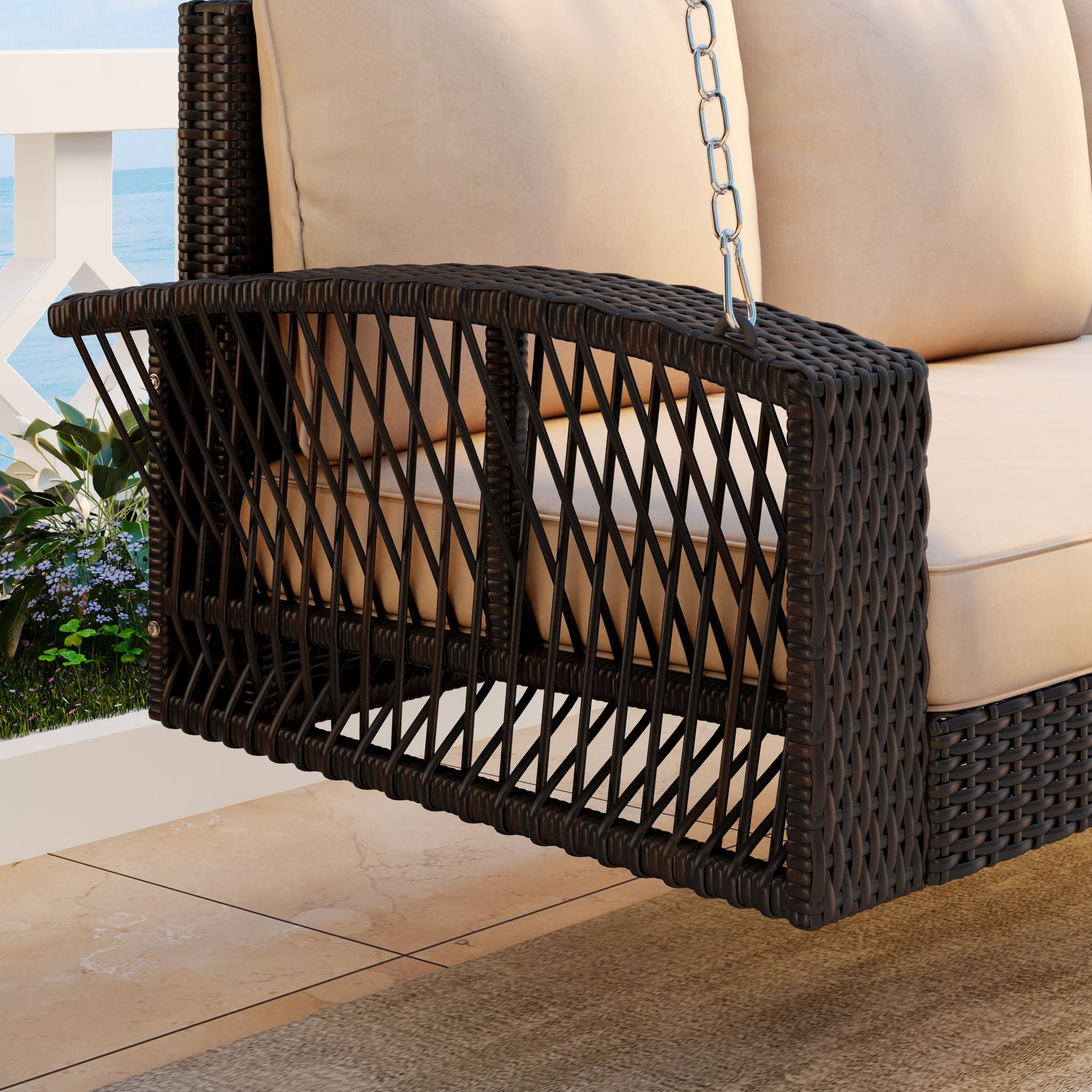 3 Person Large Patio Swing Bench With Cushions For Backyard