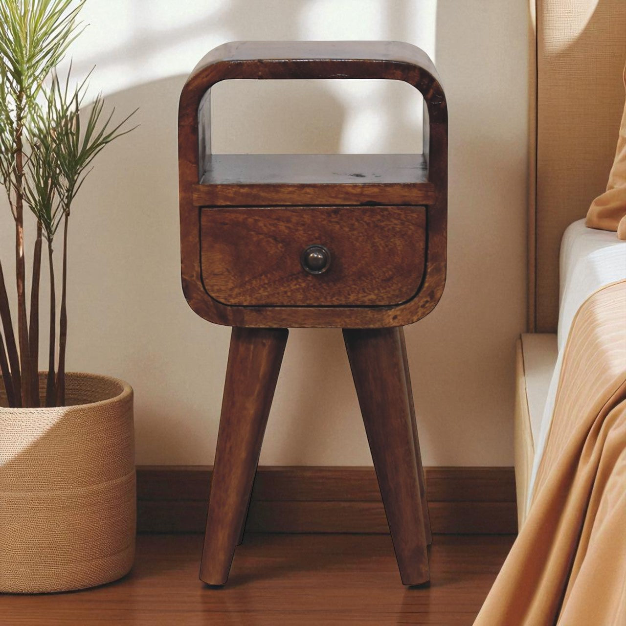 Solid Wood Extra Mini Curve Bedside, 1-Drawer, 1 Open-Slot, Chestnut
