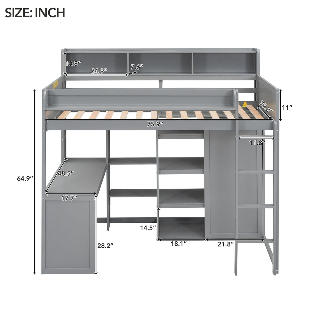 Loft Bed With Built In Desk, Storage Shelves, And Wardrobe