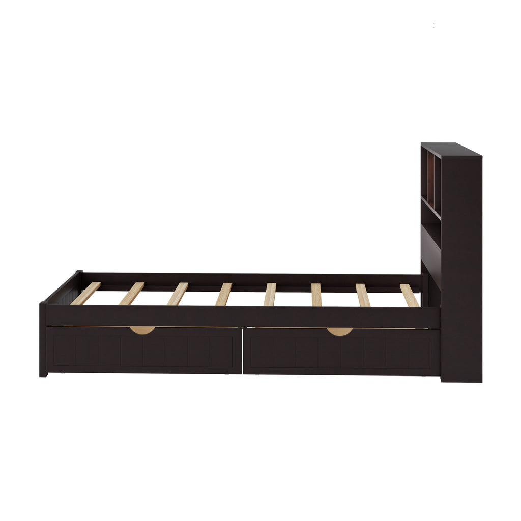 Platform Bed With Bookcase Headboard, Built-In Downlight, Charging Station, And 2 Side Drawers