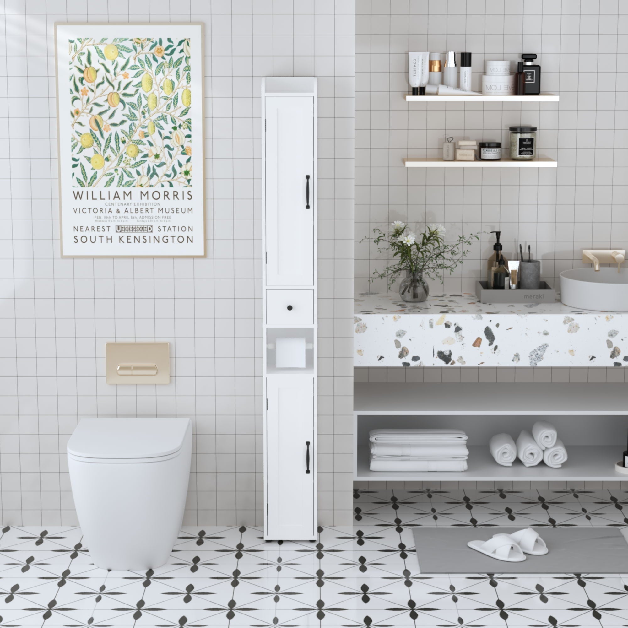 Slim Tall Bathroom Storage Cabinet With Adjustable Shelves, 2 Doors Freestanding Cabinet - White