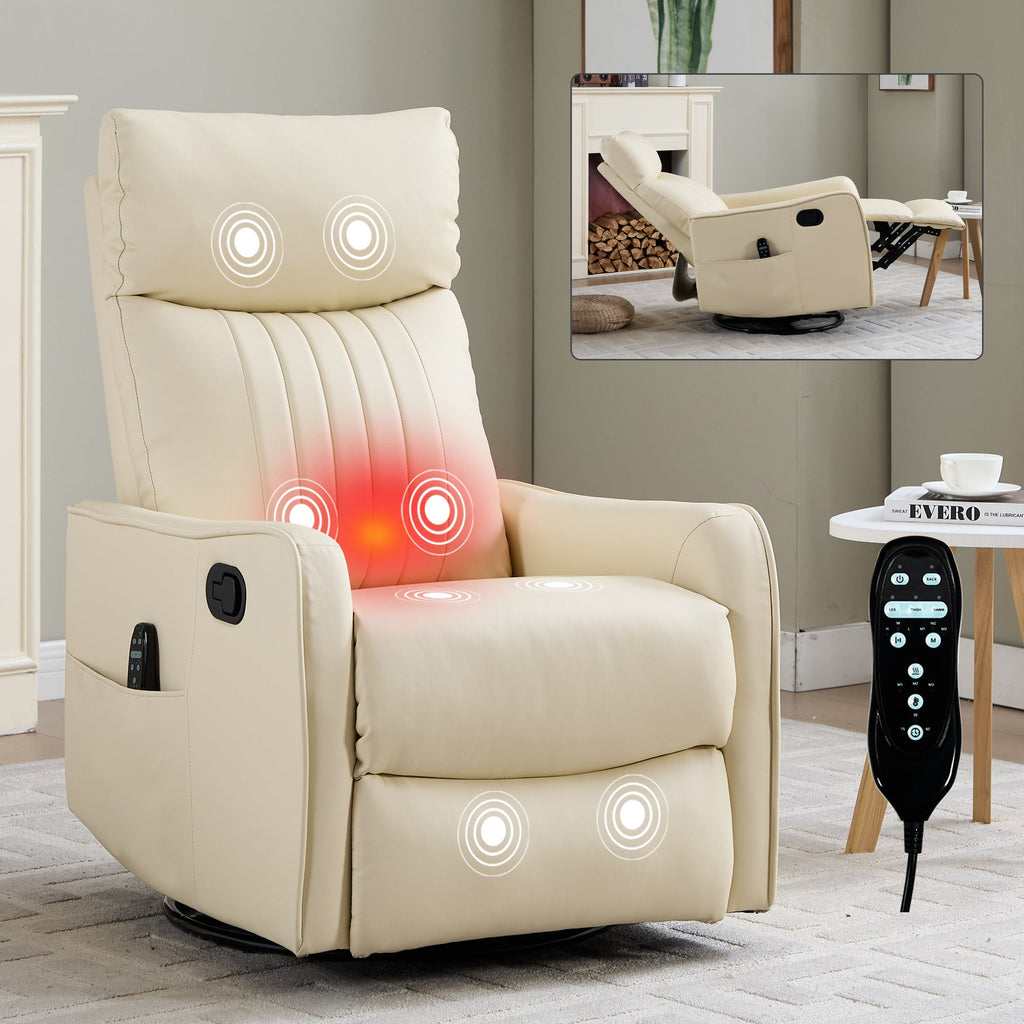 Beige Heat Massage Manual Recliner Chair with Rocker and Swivel