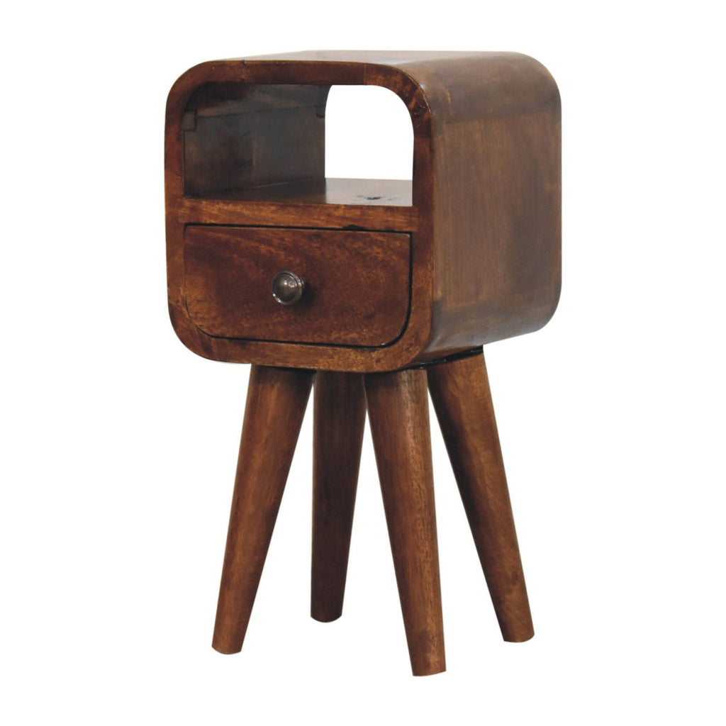 Solid Wood Extra Mini Curve Bedside, 1-Drawer, 1 Open-Slot, Chestnut