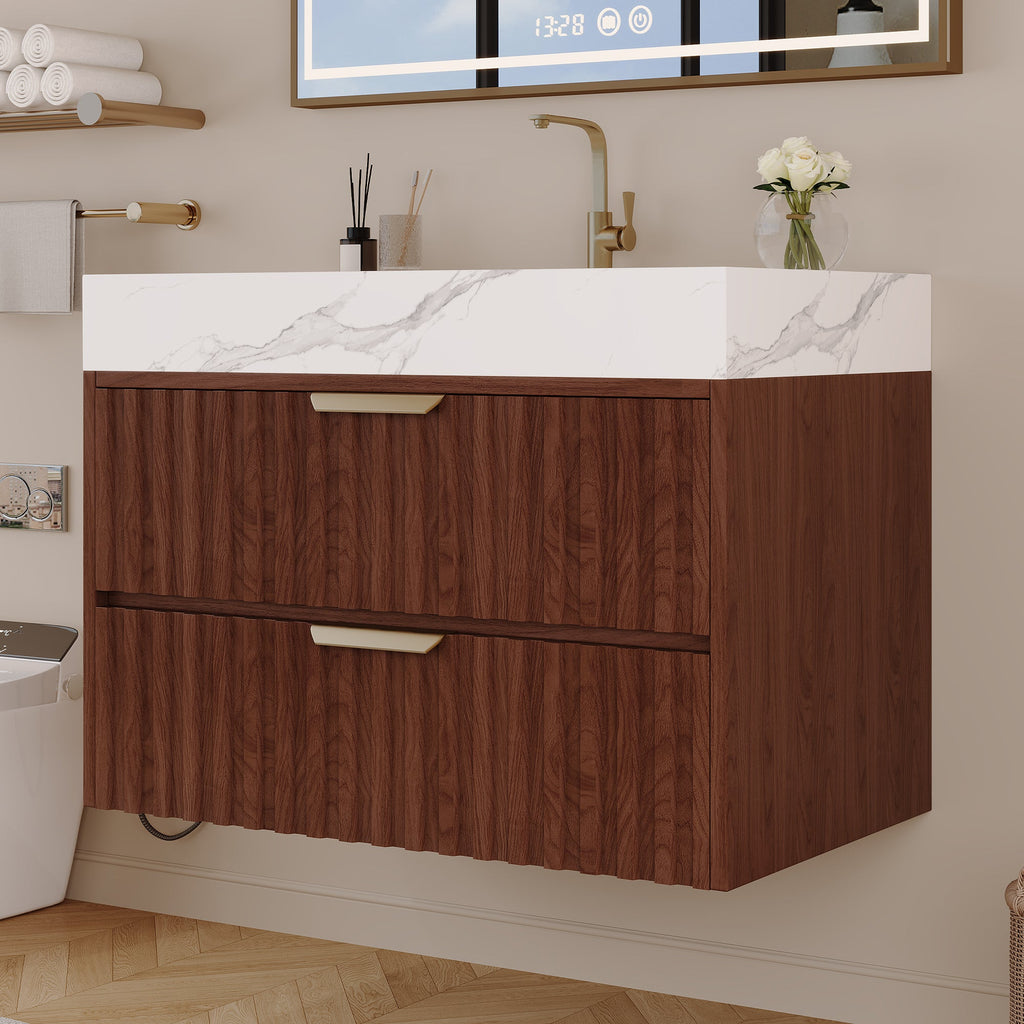 30" Modern Floating Bathroom Vanity with Seamless Sintered Stone Top & Ceramic Basin – 2 Soft-Close Drawers, Wall-Mounted