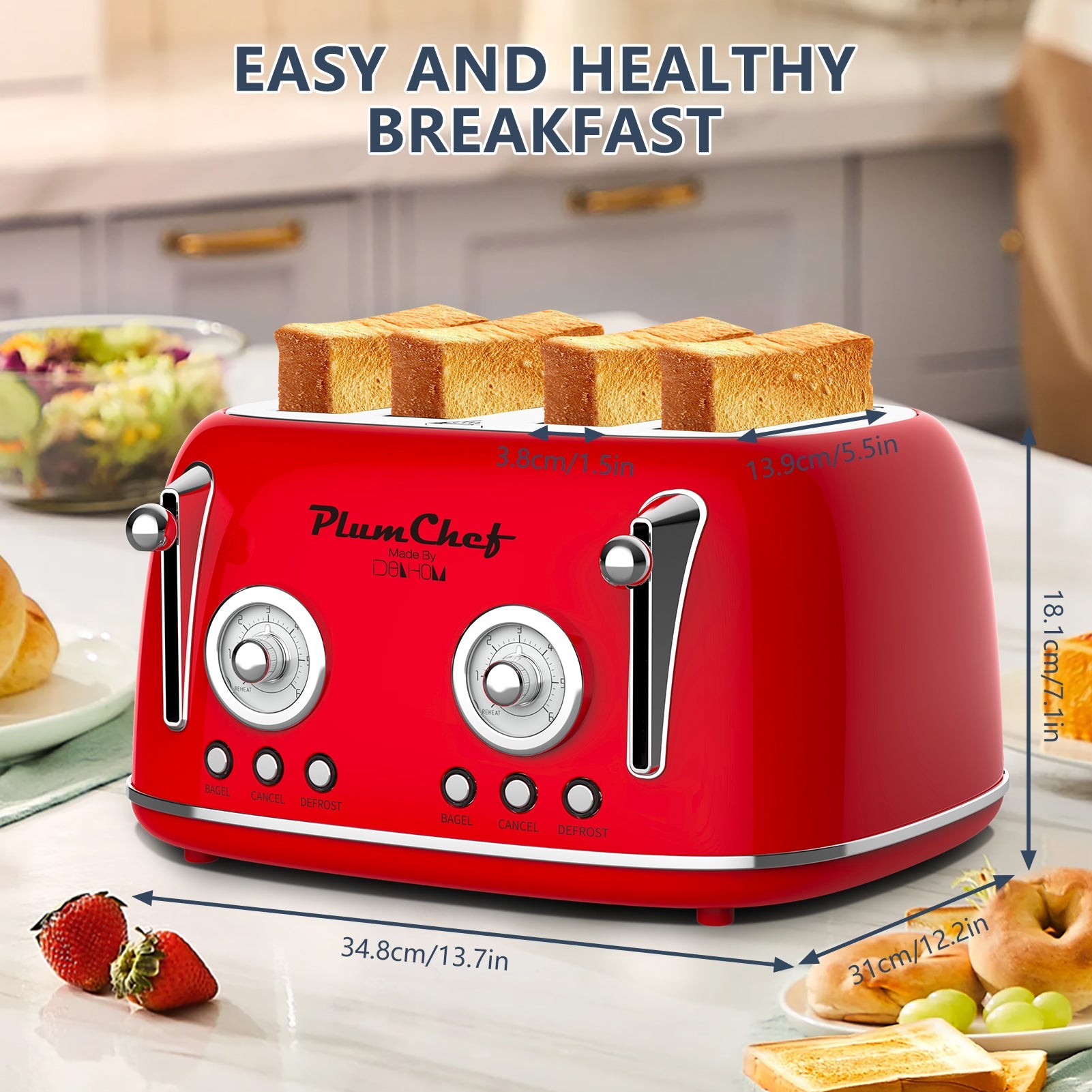 4 Slice Retro Style Toaster, Dual Control, 6 Browning Settings