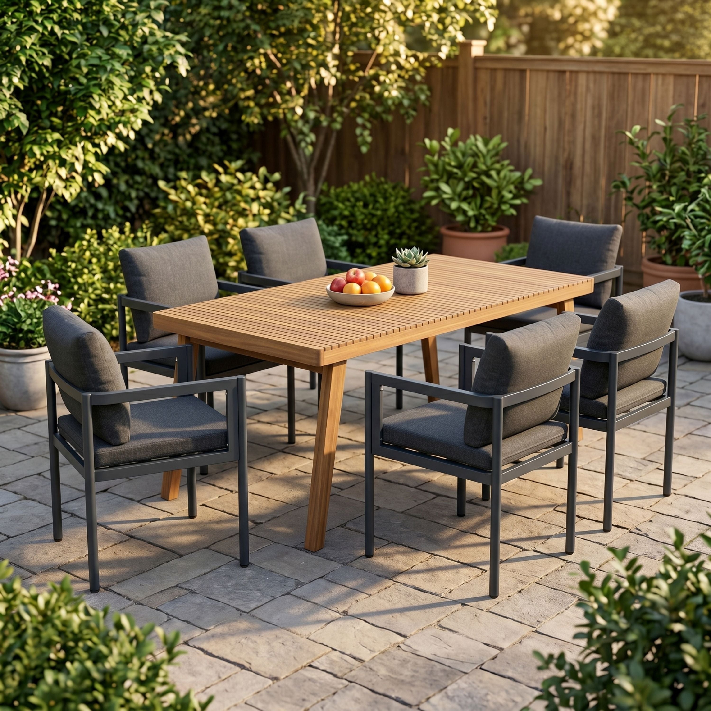 7-Piece Outdoor Patio Dining Set, 69" Acacia Wood Rectangular Table & 6 Chairs