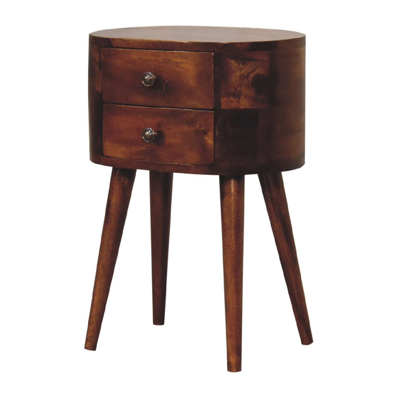 Solid Wood Mini Chestnut Rounded Nightstand, 2-Drawers, Nordic Legs