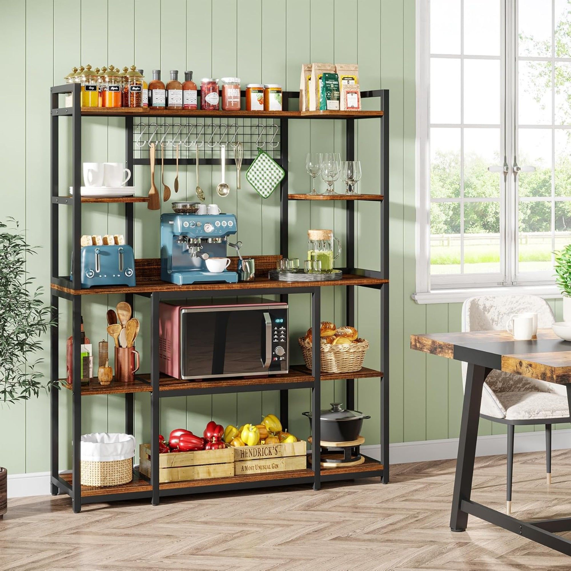 Baker's Rack With Hutch, 5 Tier Kitchen Storage Shelf, Freestanding Utility Pantry Organizer With Hooks And Microwave Stand - Black