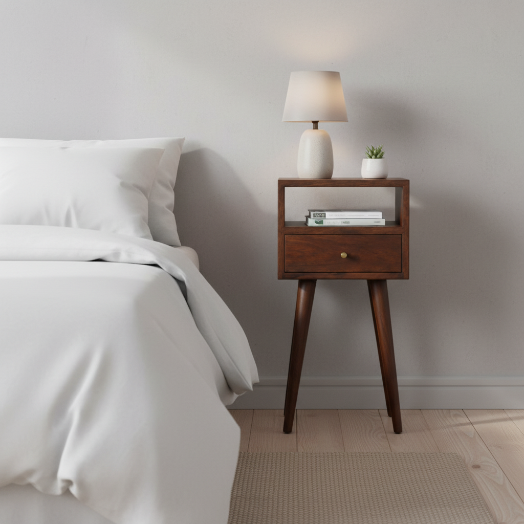 Solid Wood Mini Nightstand, 1-Drawer, 1 Open Slot, Chestnut