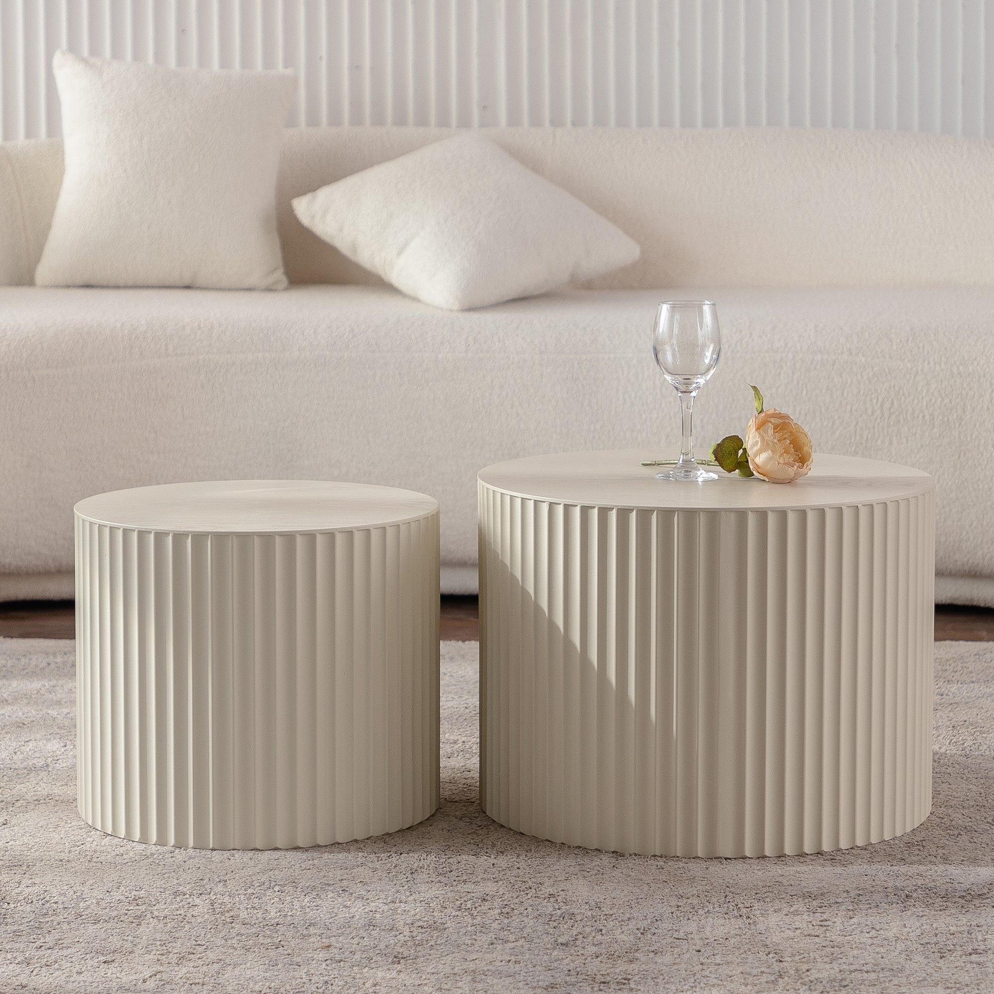 Beige Nesting Coffee Table Set of 2 Modern Drum Side Tables