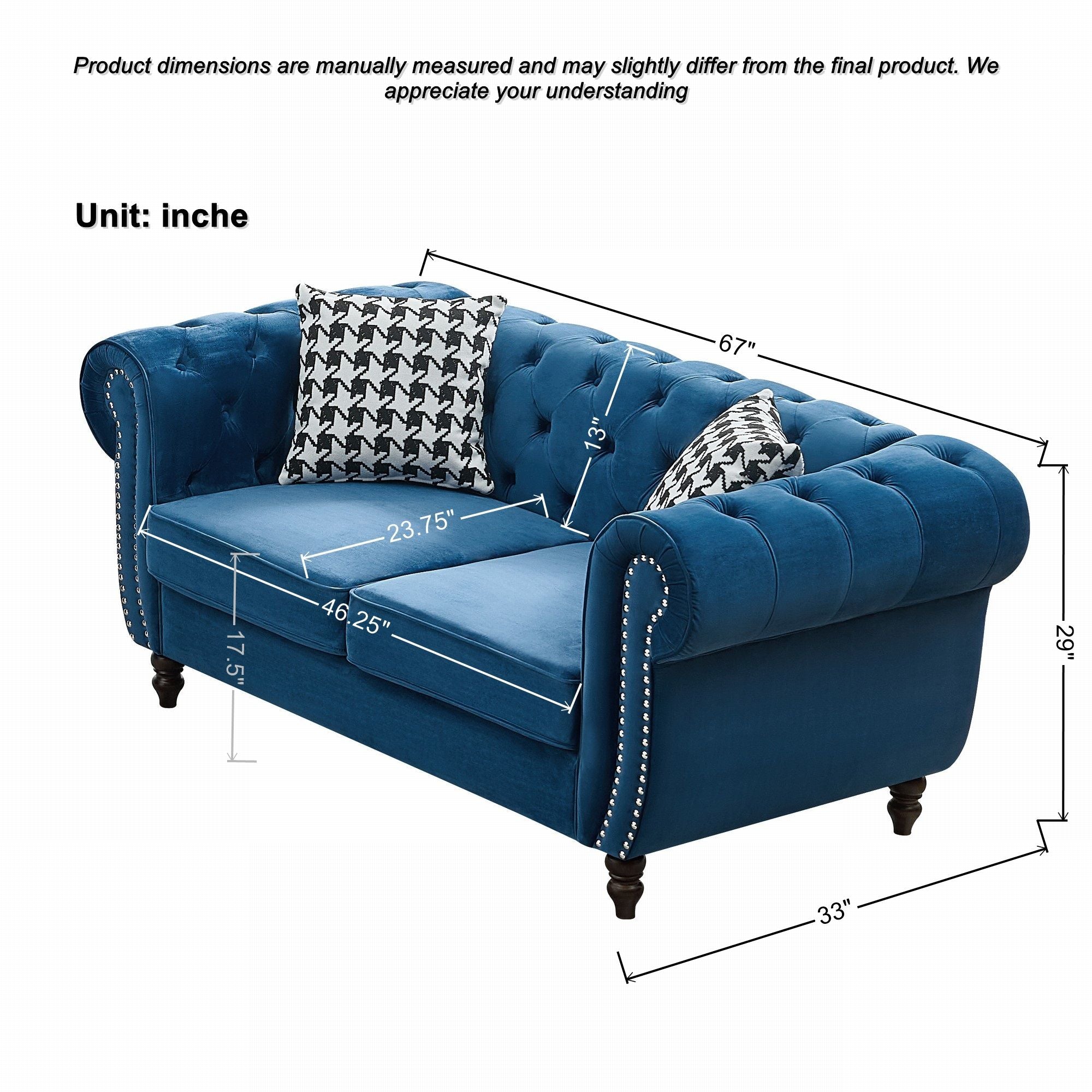 Chesterfield Fabric Sofa With Roll Armrest And Nailhead, Mid Century 2 Seater Couch In