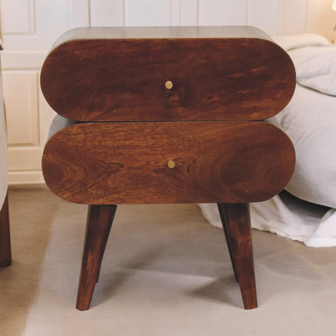 Solid Wood Bubble Chestnut Nightstand, 2-Drawer, Nordic Legs