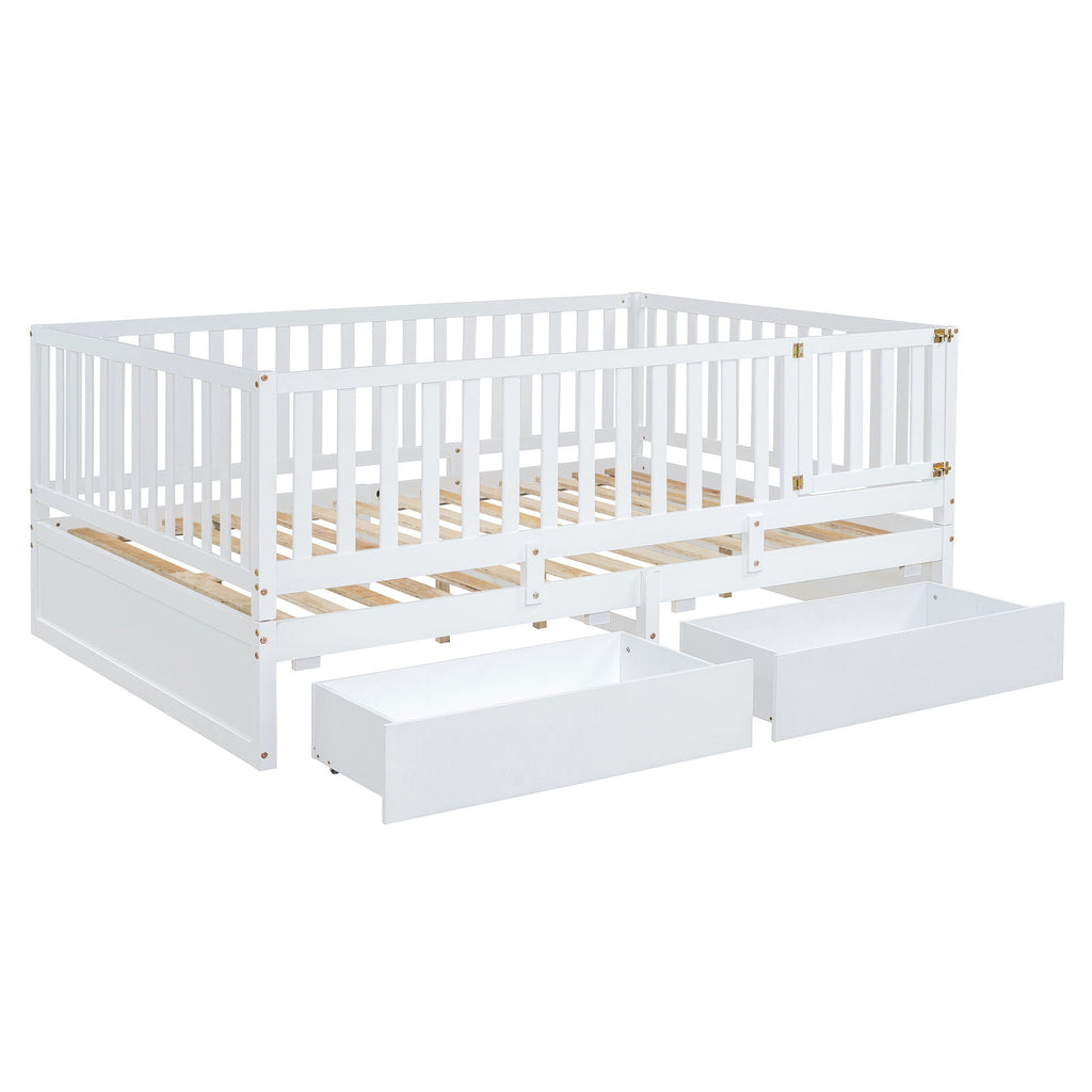 Daybed With Fence Guardrails And 2 Drawers, Split Into Independent Floor Bed & Daybed