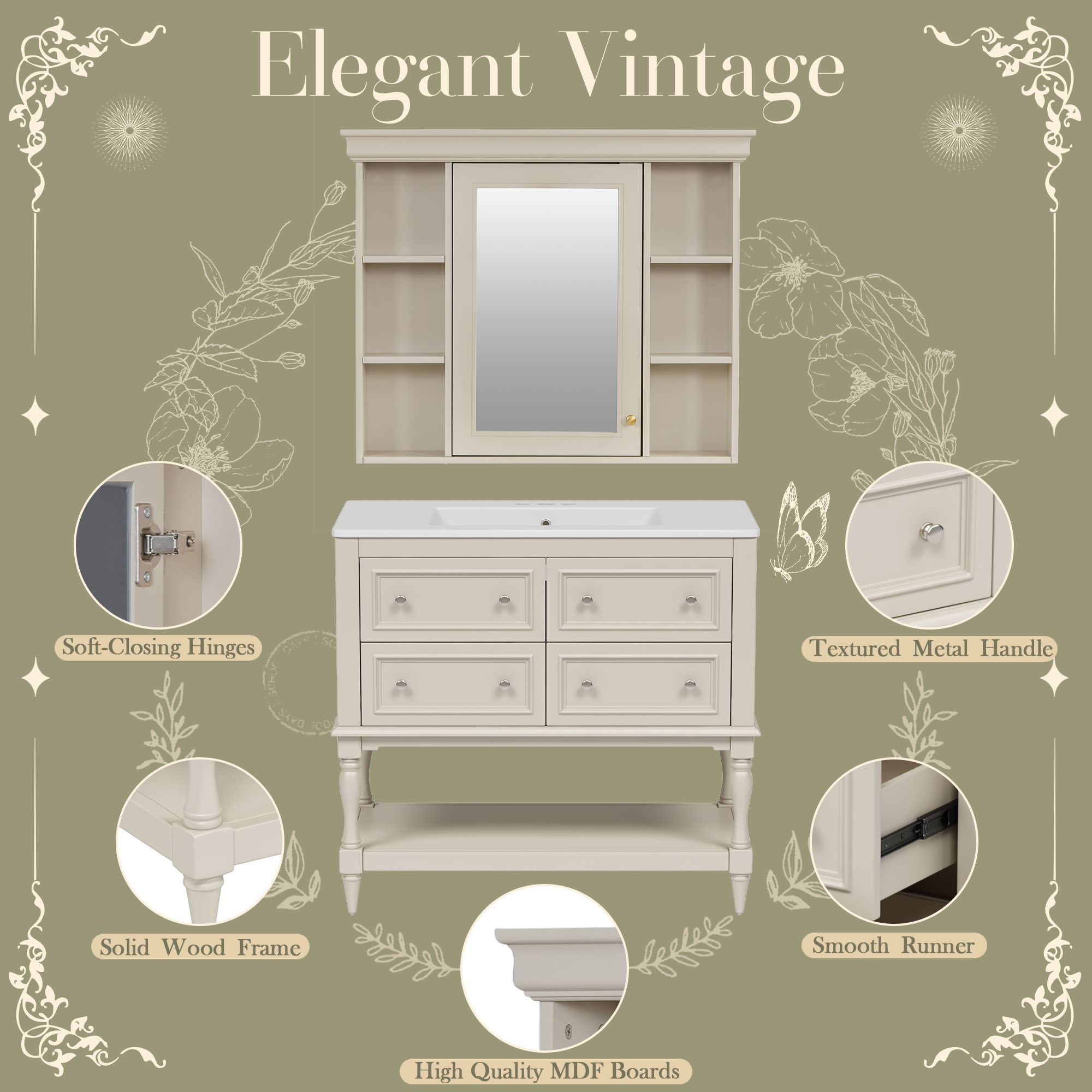 Bathroom Vanity With Medicine Cabinet, Storage Cabinet With 4 Drawers, Adjustable Shelf Mirror