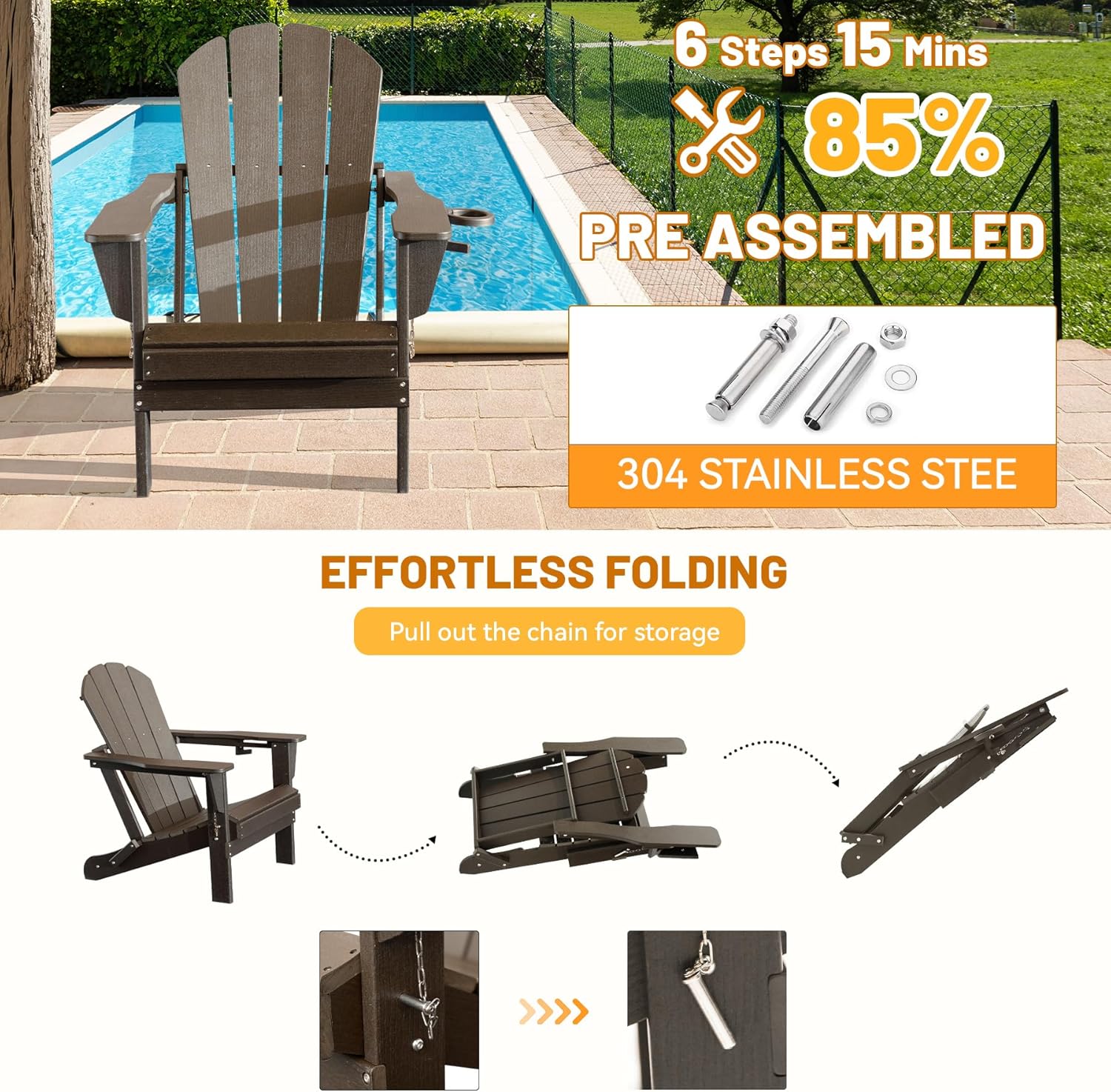 Adirondack Chair, Folding HDPE Outdoor Seating with Cup Holder