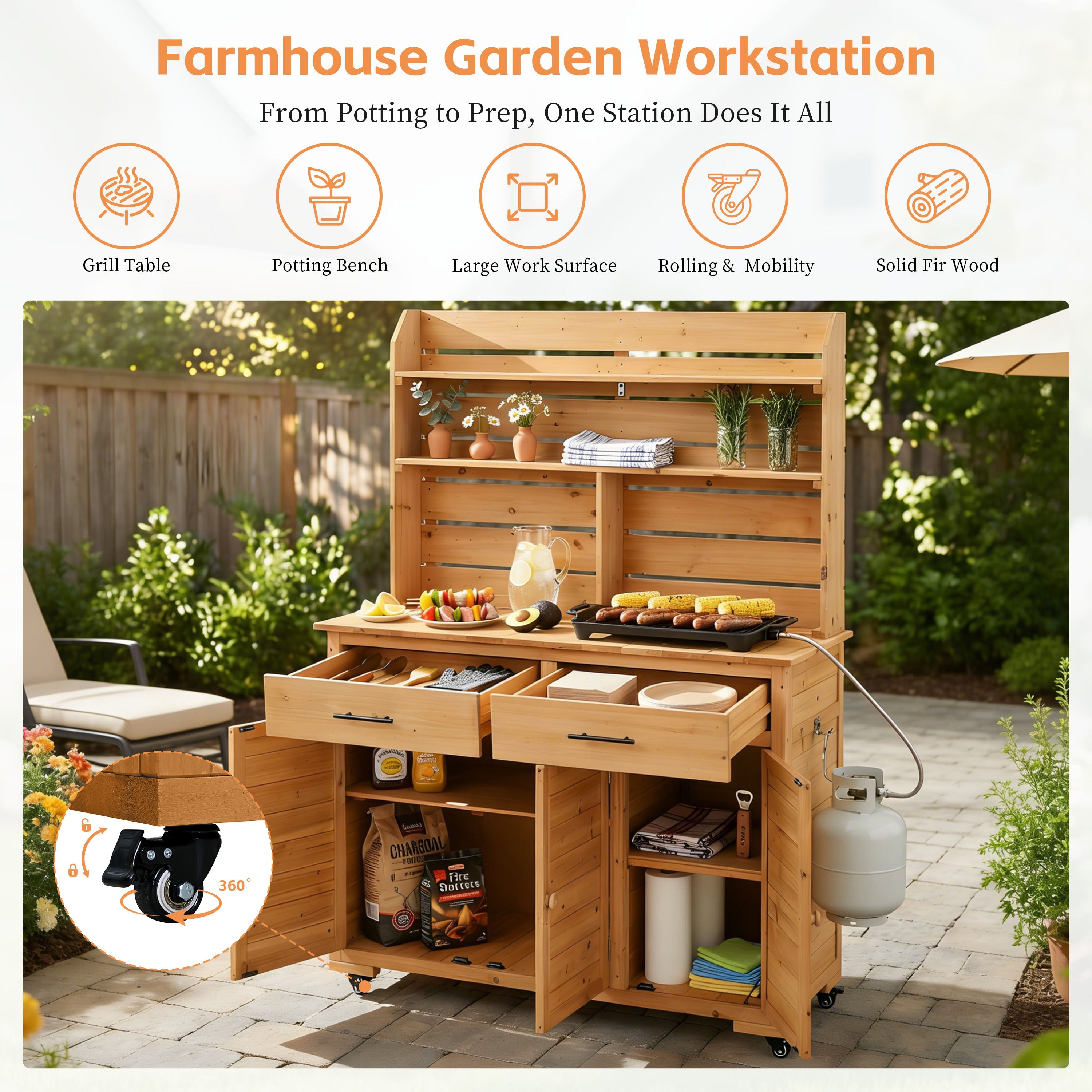 TOPMAX 65''H Large Garden Potting Bench with Lockable Wheels and Storage Cabinet
