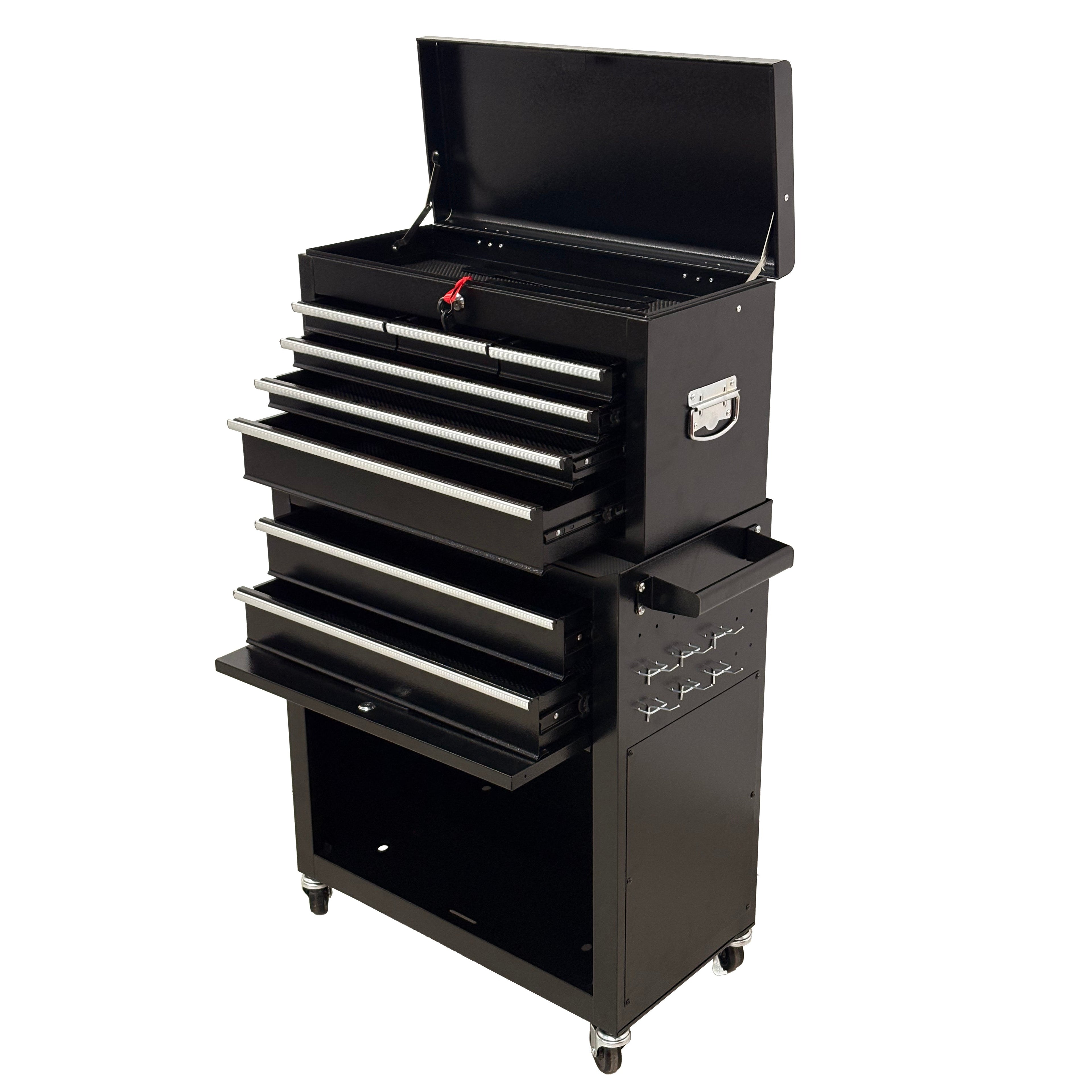 8‑Drawer High‑Capacity Rolling Tool Chest, 2‑in‑1 Detachable Top Box,Metal Tool Storage Cabinet with Drawer Liners, Lockable Wheels &  Side Hooks, Heavy‑Duty Tool Cart for Garage Workshop‑Black