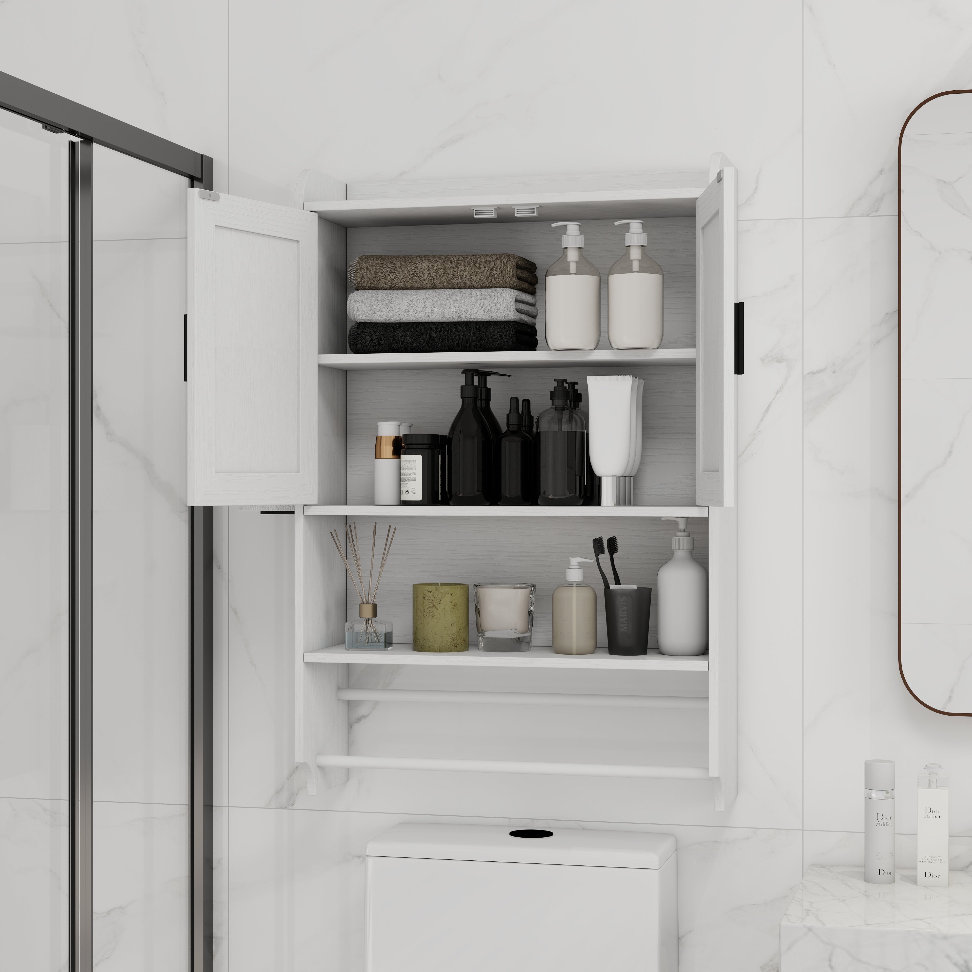 Bathroom Wall Cabinet with Doors, Adjustable Shelf, Towel Bar, and Paper Holder