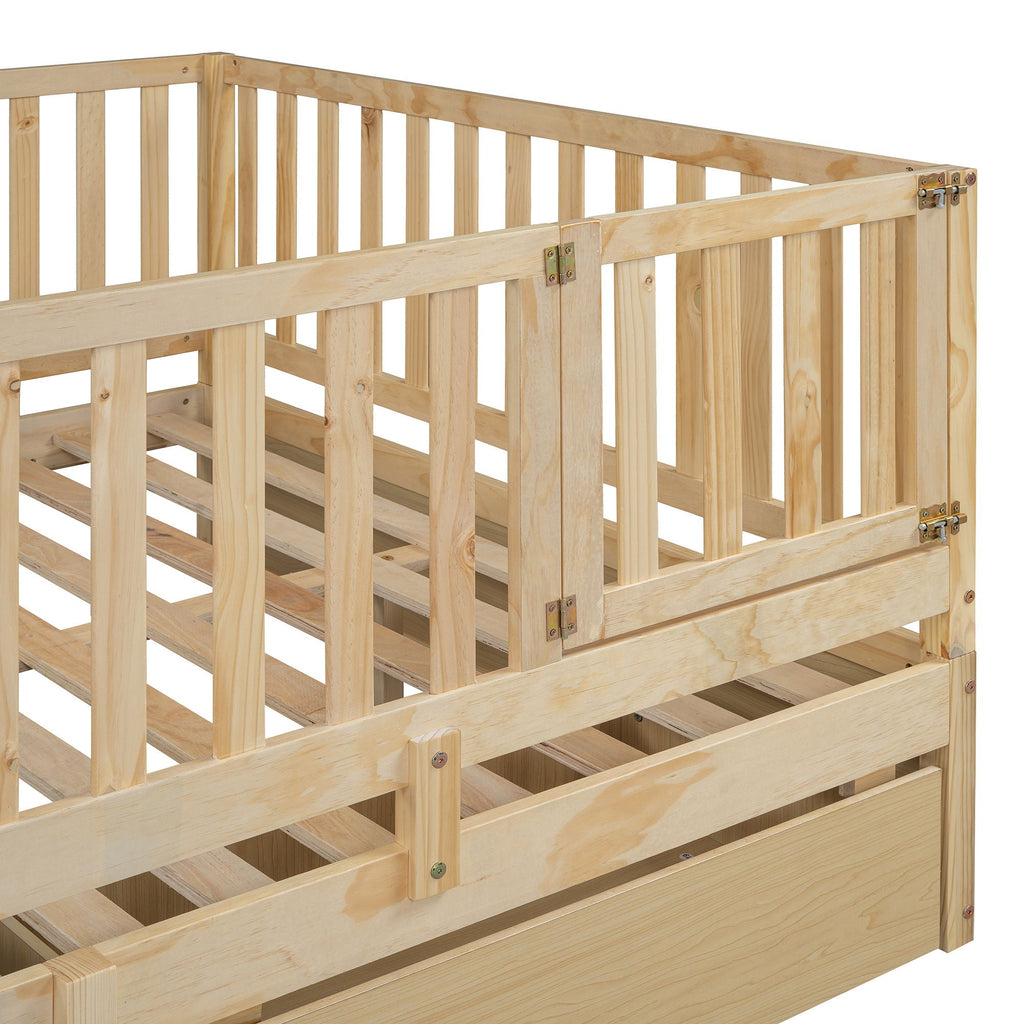 Daybed With Fence Guardrails And 2 Drawers, Split Into Independent Floor Bed & Daybed