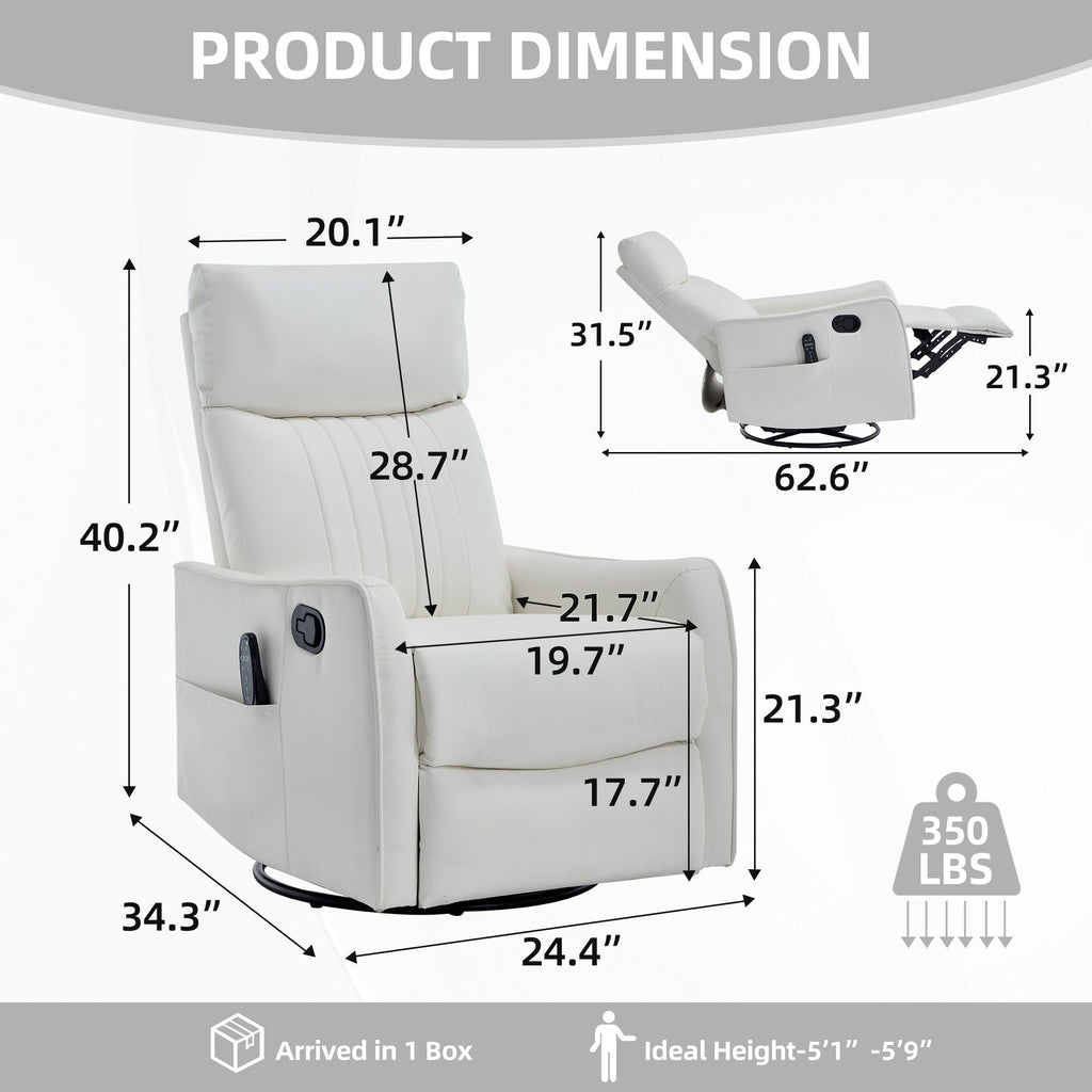 White Heat Massage Manual Recliner Chair with Rocker and Swivel in Faux Leather