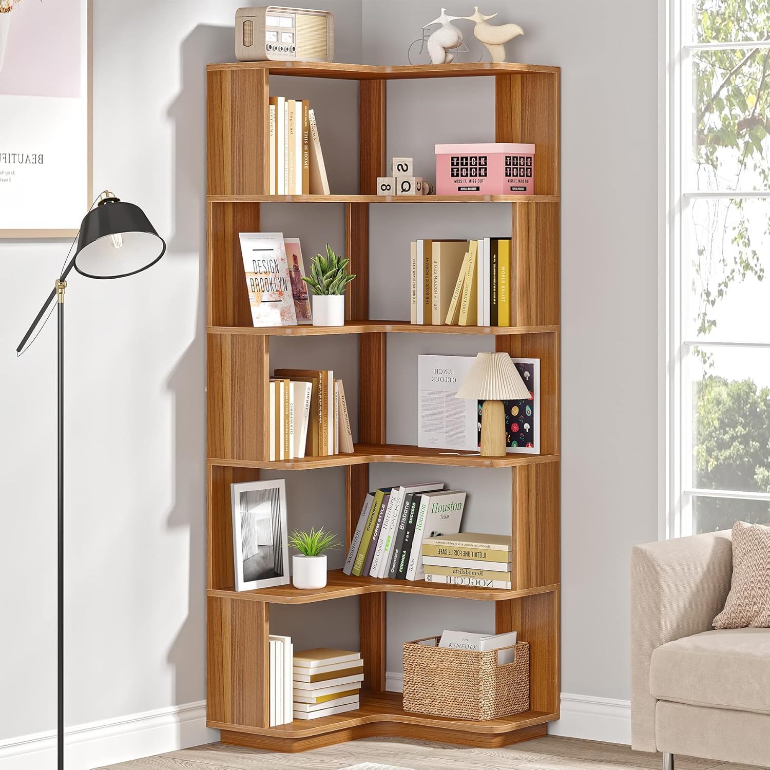 6 Tier Corner Bookshelf, L-Shaped Freestanding Shelf With Anti Drop Panels