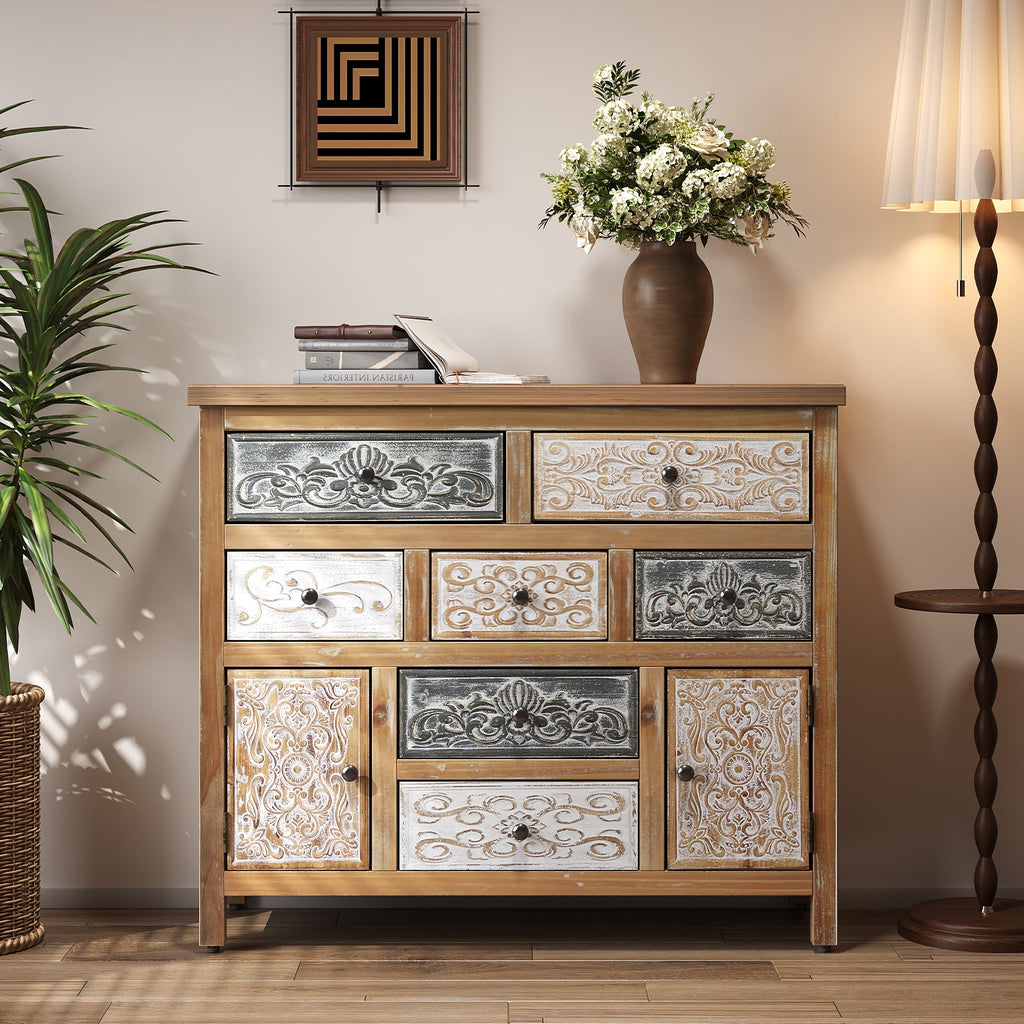 Vintage Wooden Accent Chest with 7 Drawers & 2 Cabinets