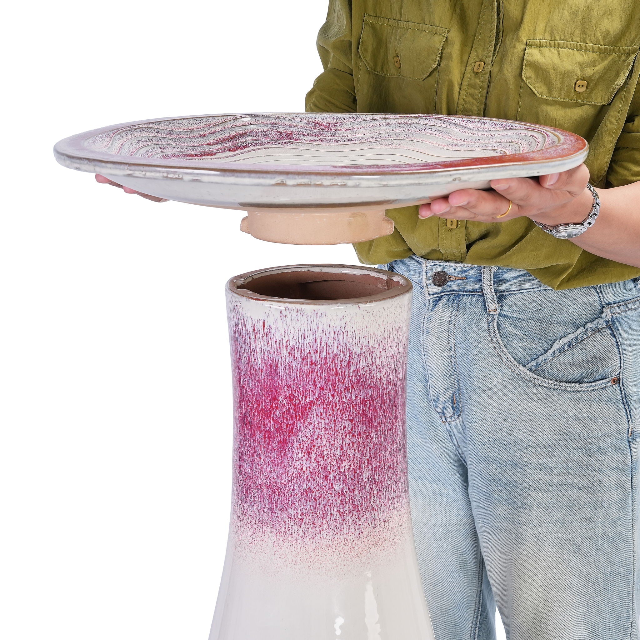 Birdbath For Patio, Garden - White / Pink