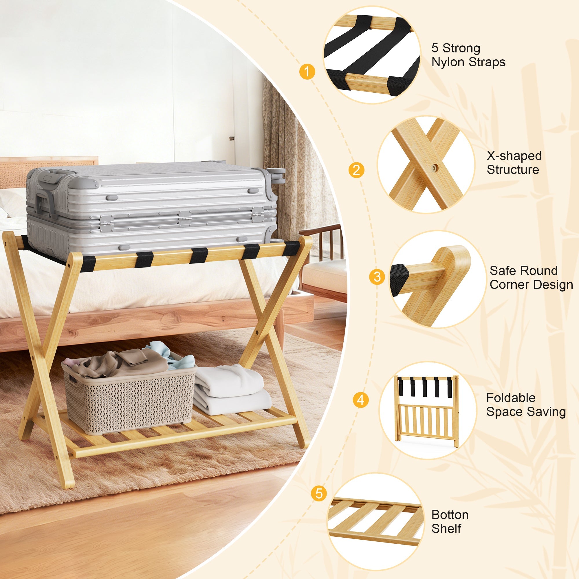 Folding Bamboo Luggage Rack with Lower Storage Shelf