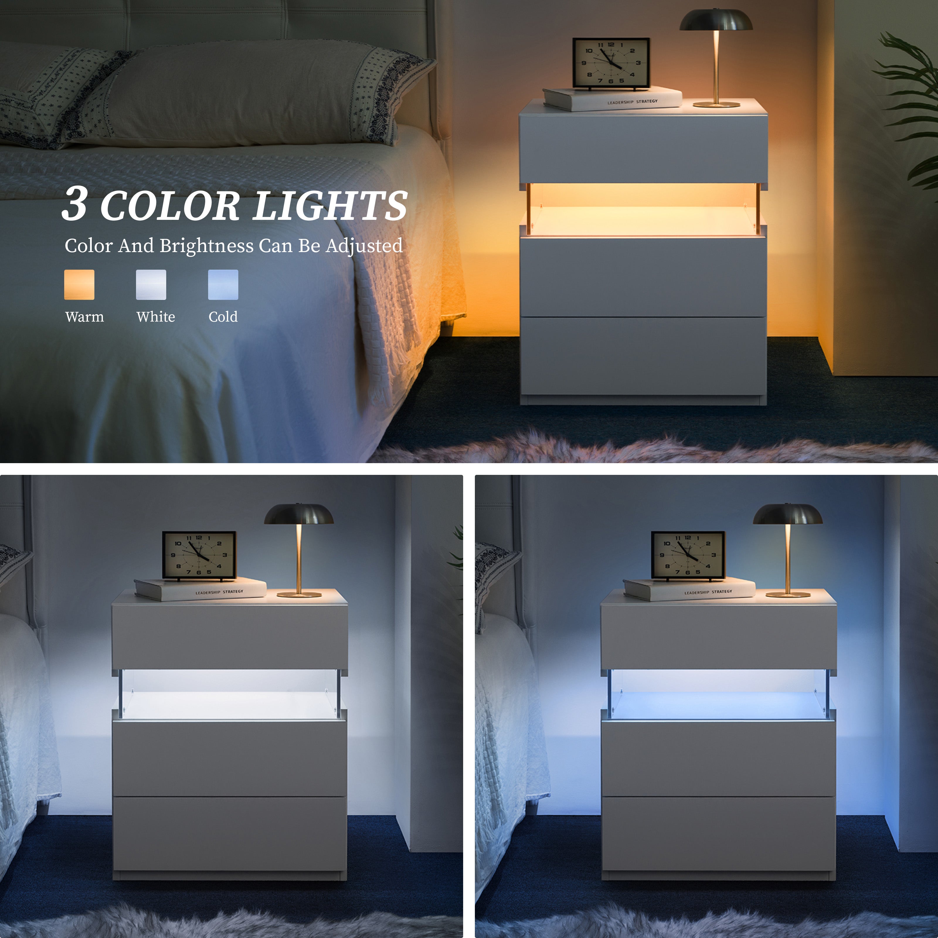 LED Nightstands with 3 Drawers