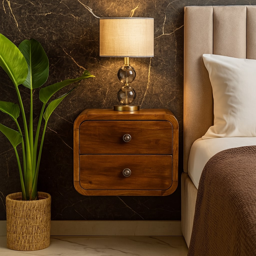 Solid Wood Floating Mini Nightstand, 2-Drawers, Chestnut