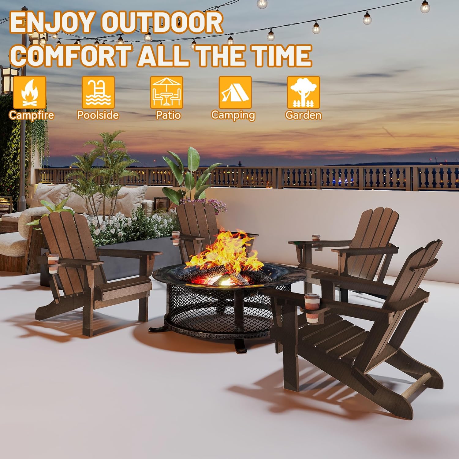 Adirondack Chairs Set of 2 with Cup Holder - Brown HDPE Outdoor Chairs
