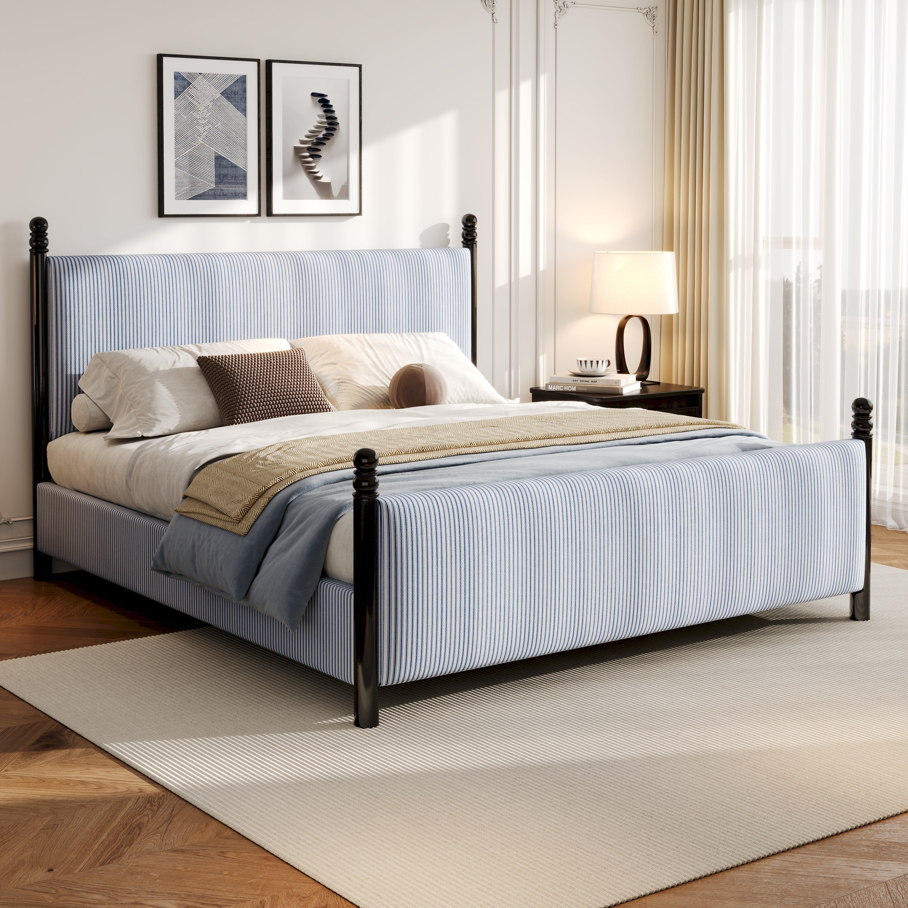 48-inch Striped Rubberwood Upholstered Bed, King