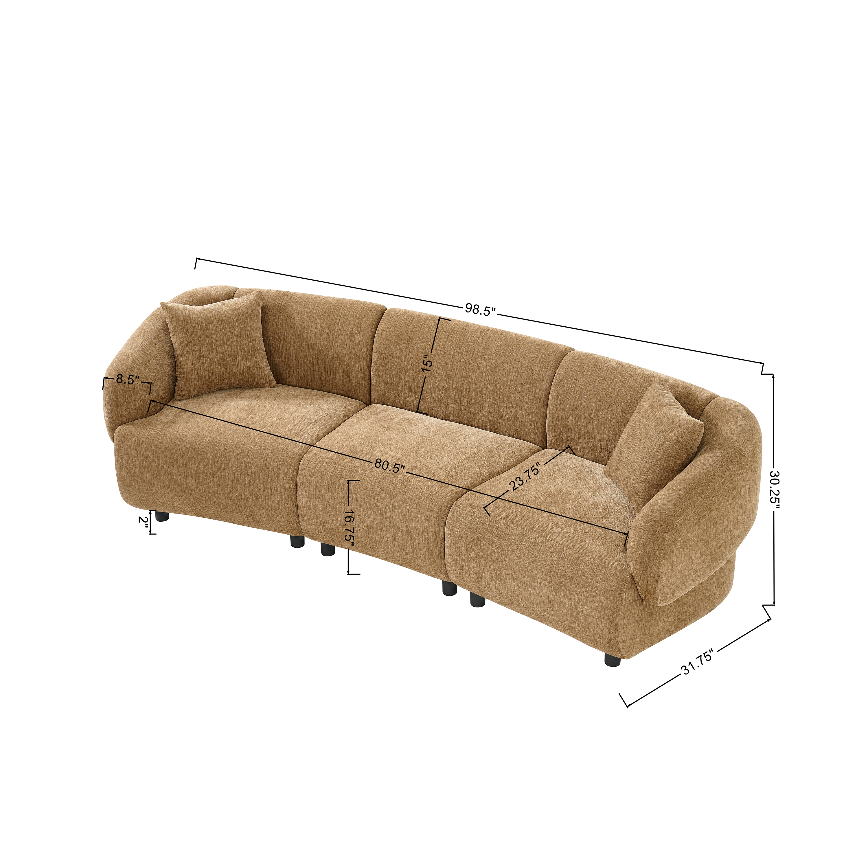 98.5" Curved Designed Contemporary 3-Seater Sofa in Mocha