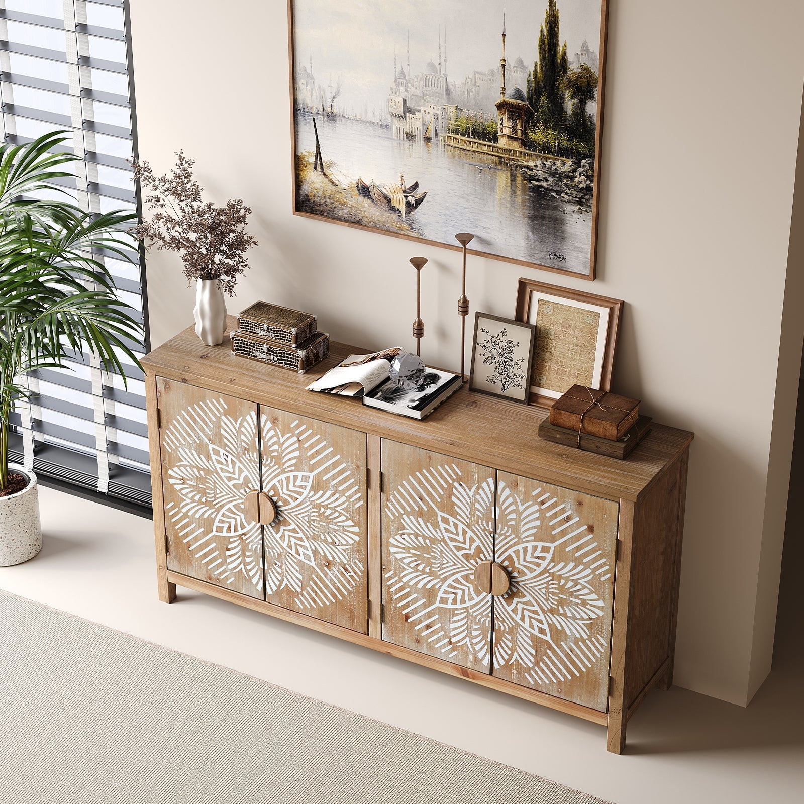 60" Wood Accent Cabinet with 4 Doors Brown and Antique White