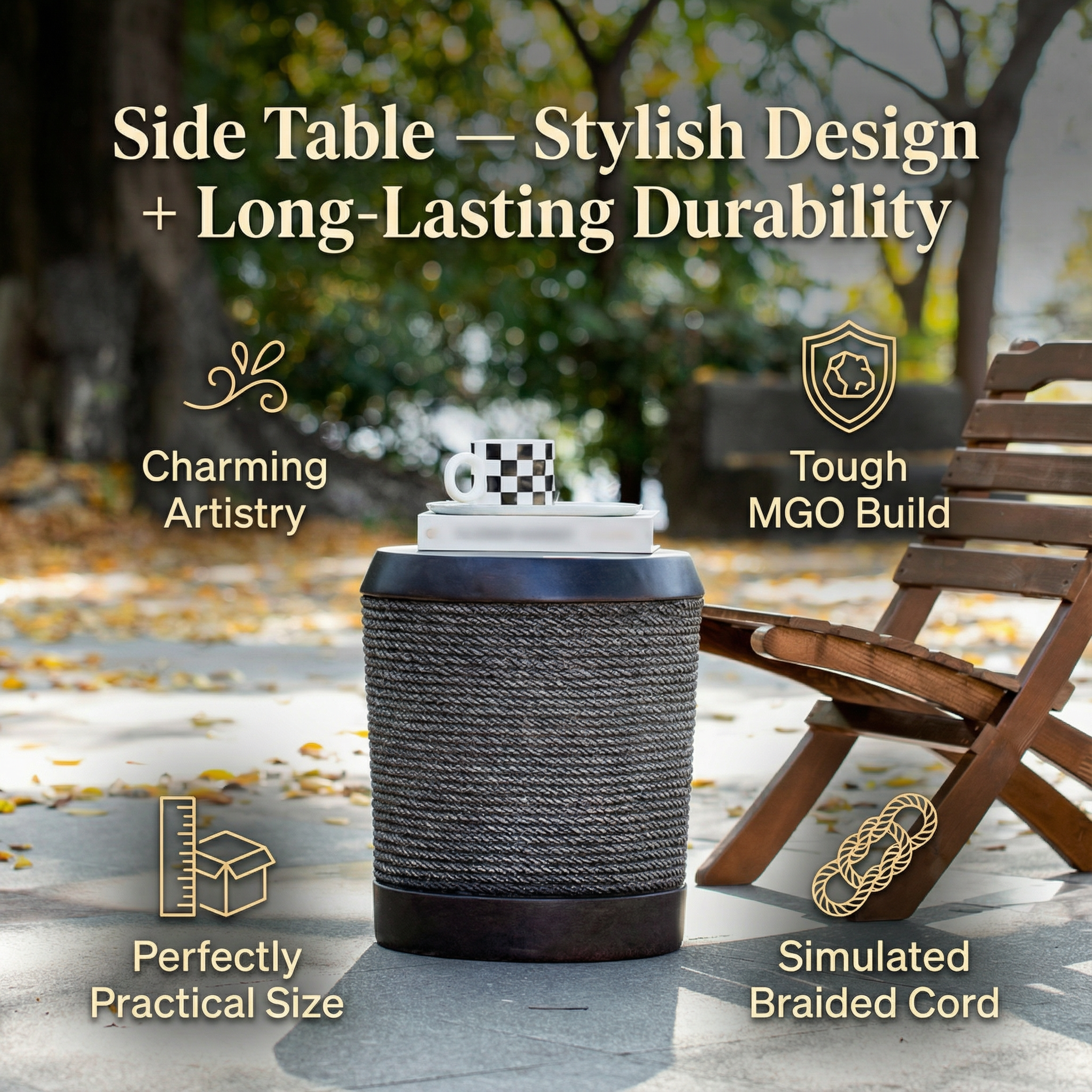 Outdoor Dark Brown Simulated Braided Cord MGO Side Table with Vintage Trim