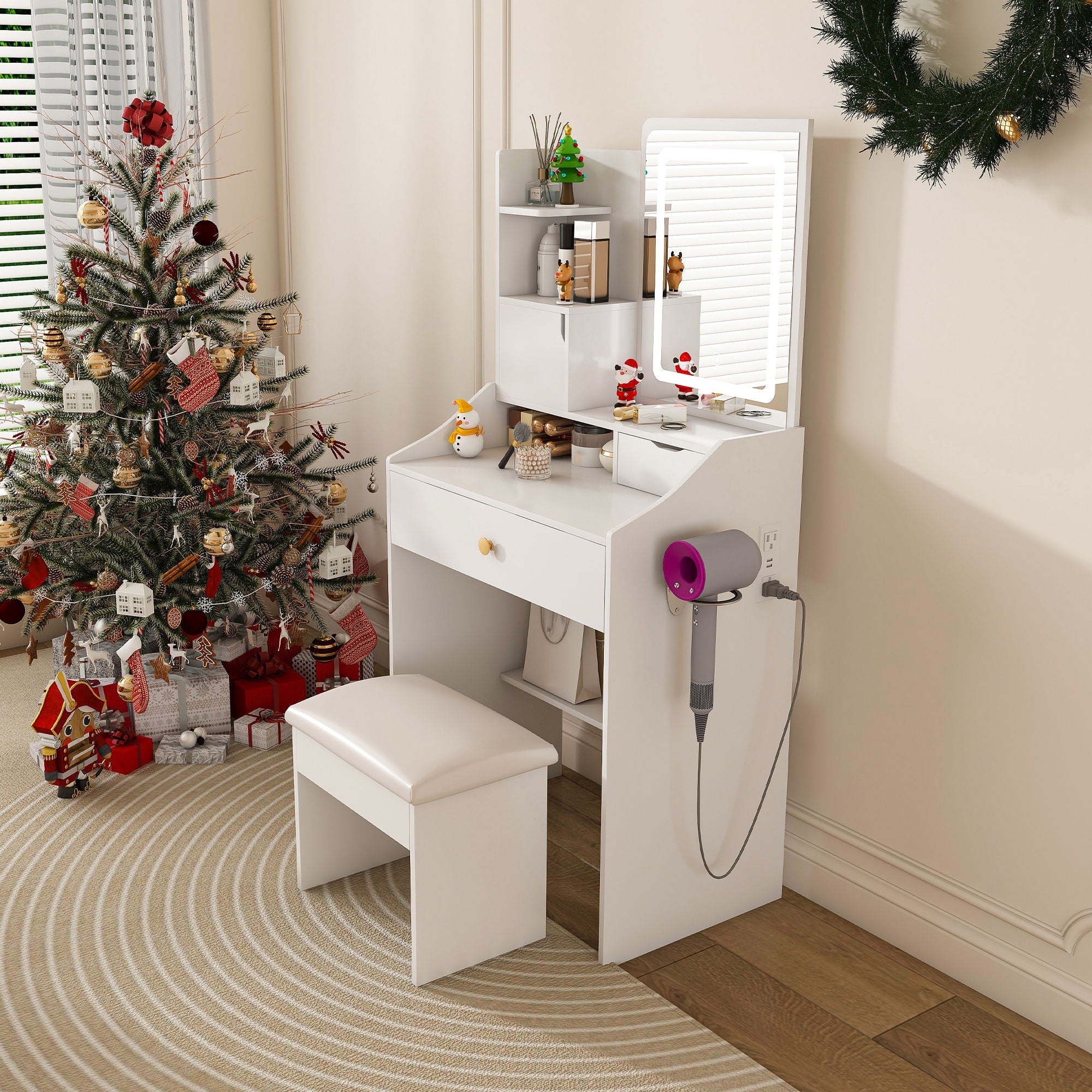 3 Color LED Vanity Mirror With Stool, Dressing Table For Bedroom, 2 Drawers & 5 Storage Cabinets (4 Open + 1 Hidden), Adjustable Lighting - White