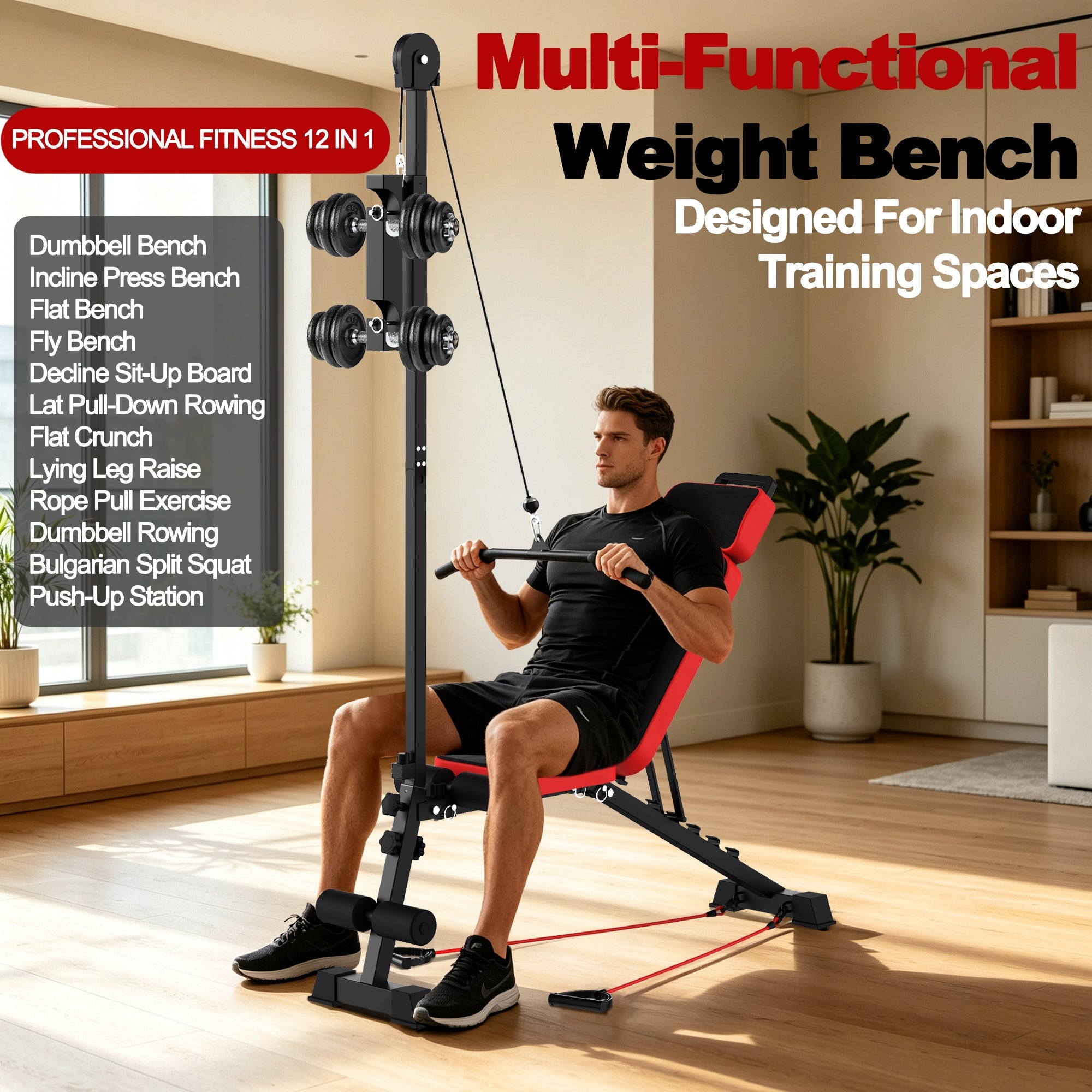 Multi-Functional Weight Bench with Pulley System and Adjustable Backrest