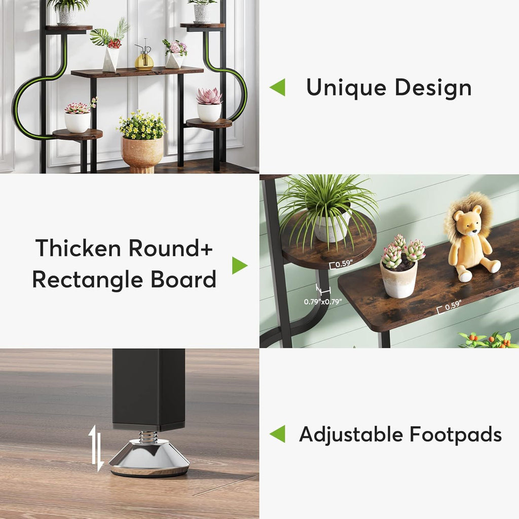 8 Tier Plant Stand With Round And Square Shelves For Living Room, Patio, Balcony & Garden - Brown / Black