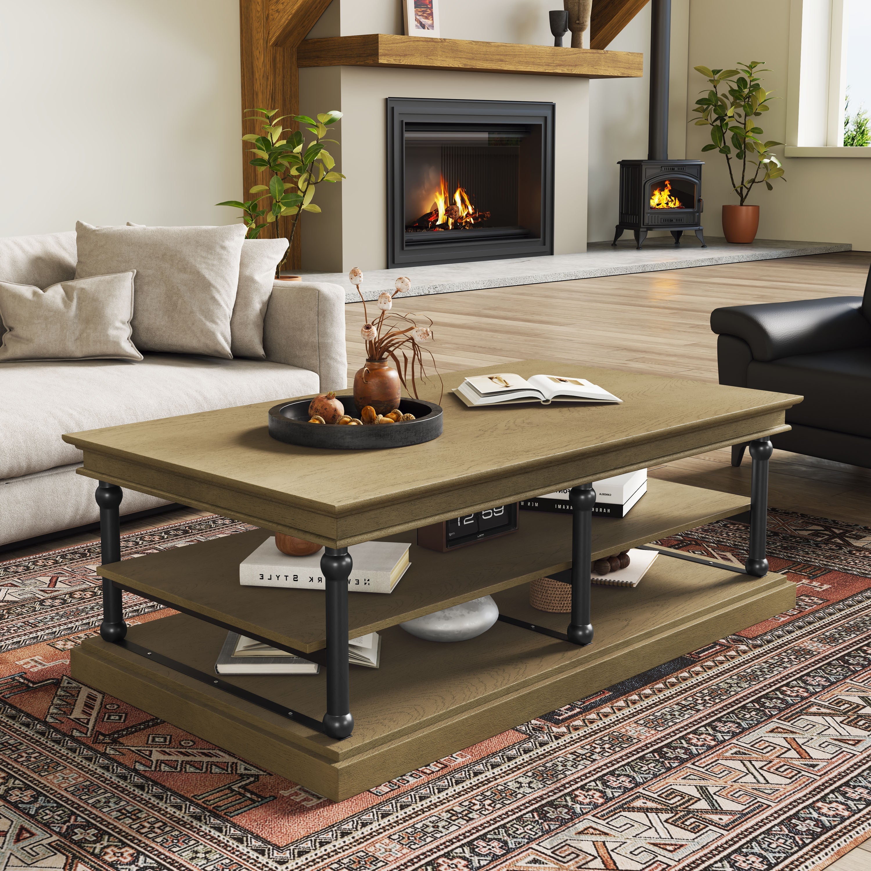 55.1' Wood Coffee Table with Black Legs and Open Storage Shelves