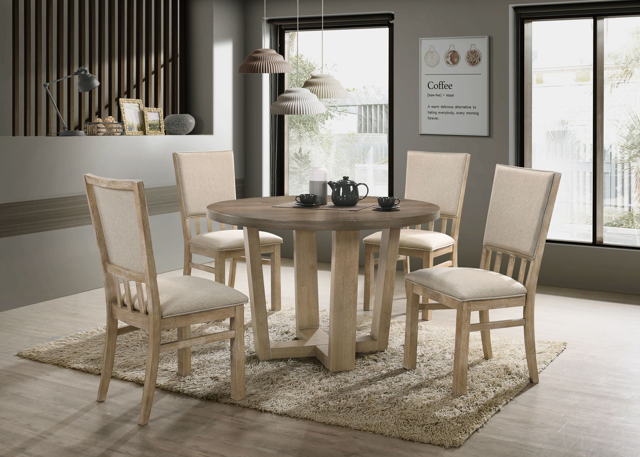 Brutus - 5 Piece Wide Round Dining Table With Wheat Colored Chairs (Set of 5) - Vintage Walnut