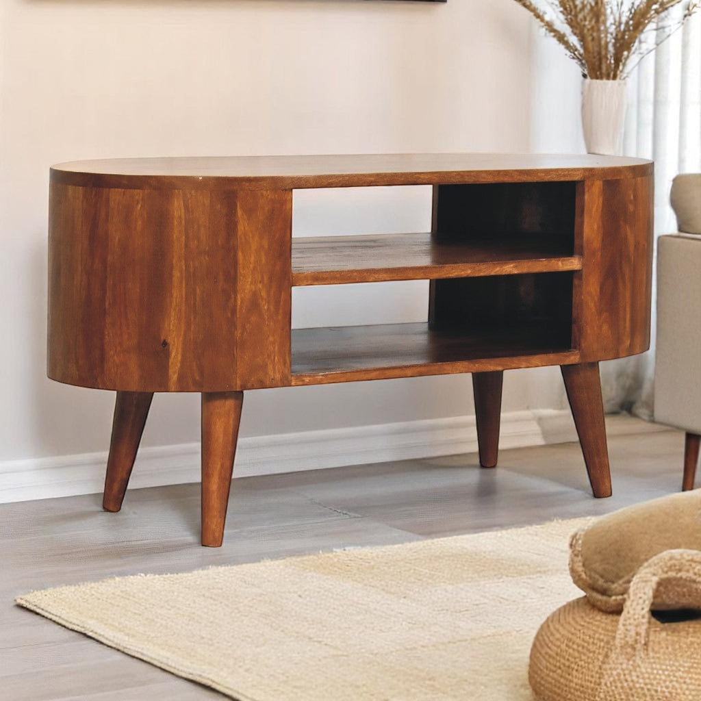Solid Wood Cortez Chestnut Media Unit, 2 Open Shelves, Nordic Legs