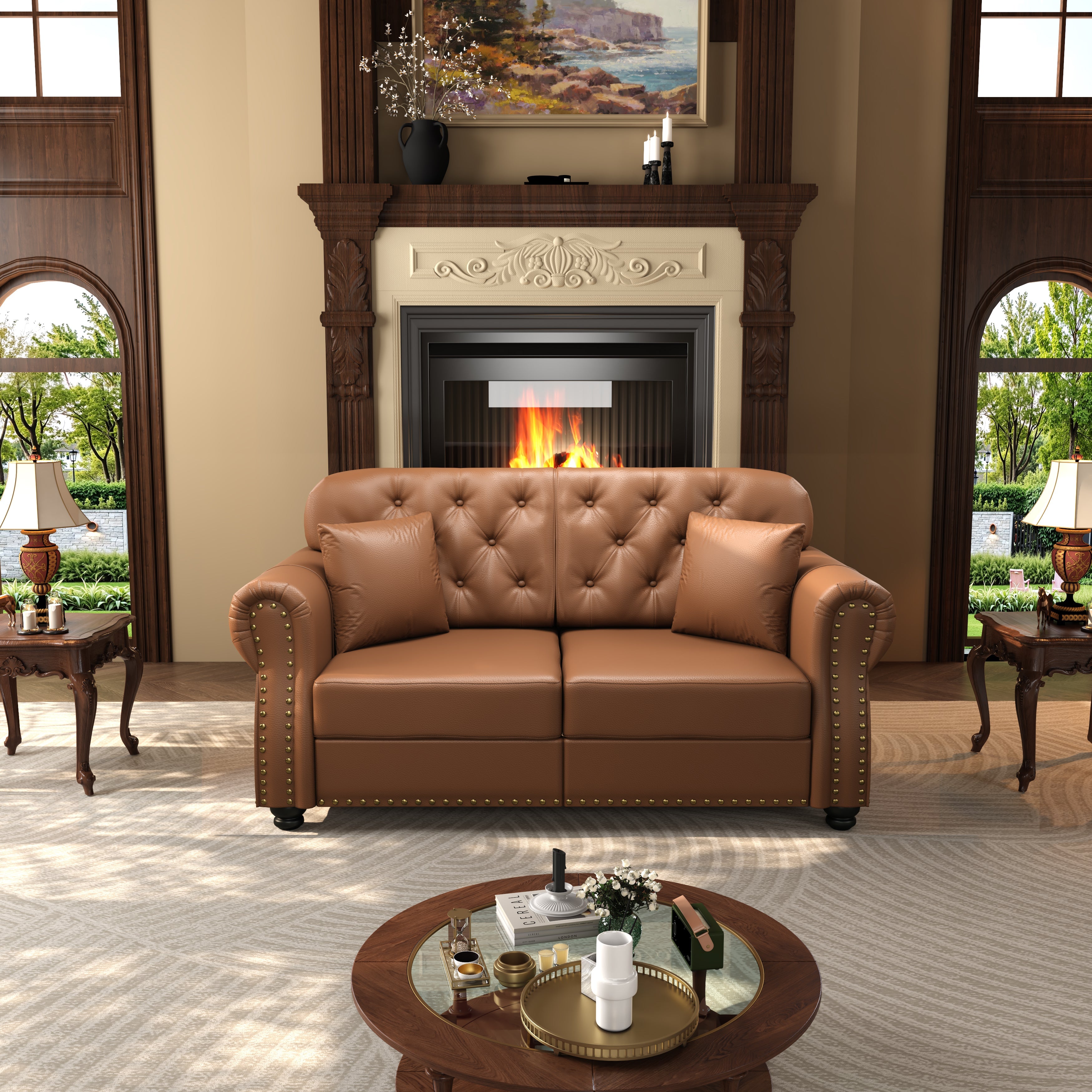 63" Upholstered Faux Leather Sofa with Nailhead Trim