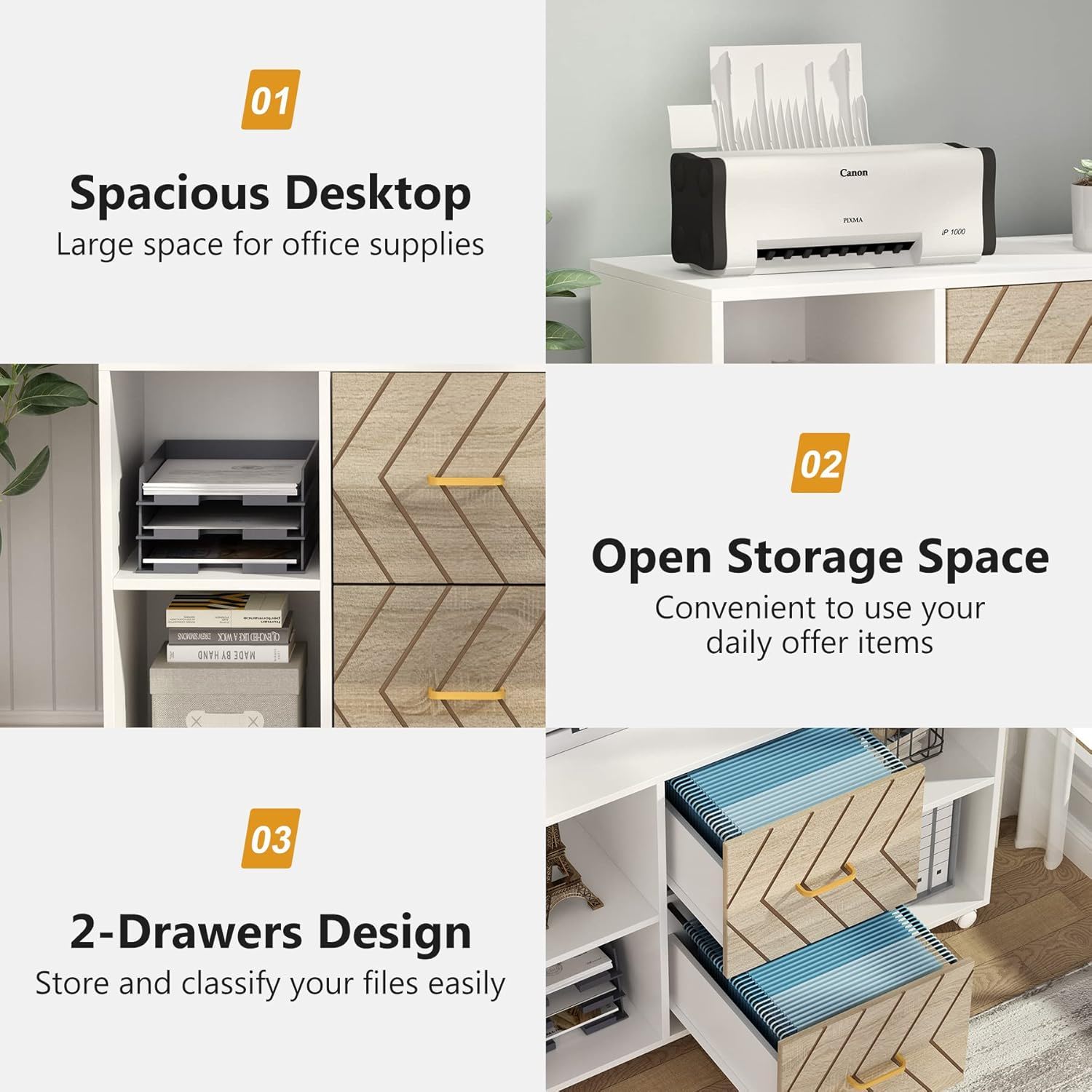 Large Mobile Lateral File Cabinet With 2 Drawers, Printer Stand & Storage Shelves, For Letter Size Files - White / Oak