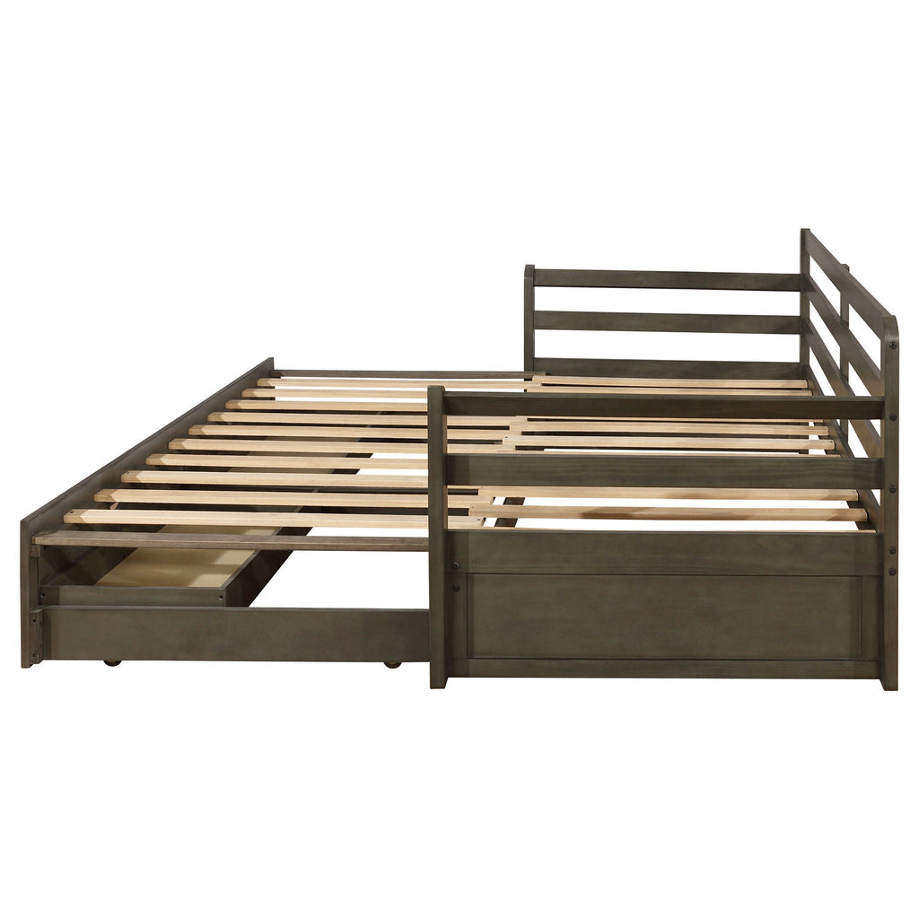 Twin Long 2 Drawer Daybed With Extendable Trundle, Storage Drawers, Fits Standard Mattress - Gray