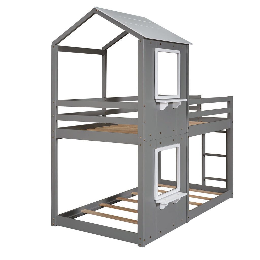 Bunk Bed Wood Bed & Roof, Window, Guardrail, Ladder