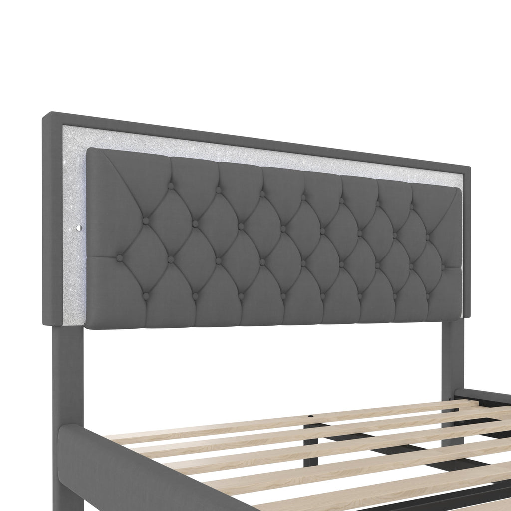 3-Pieces Bedroom Set, Queen Size Upholstered Platform Bed with LED Lights and Two Nightstands - Gray