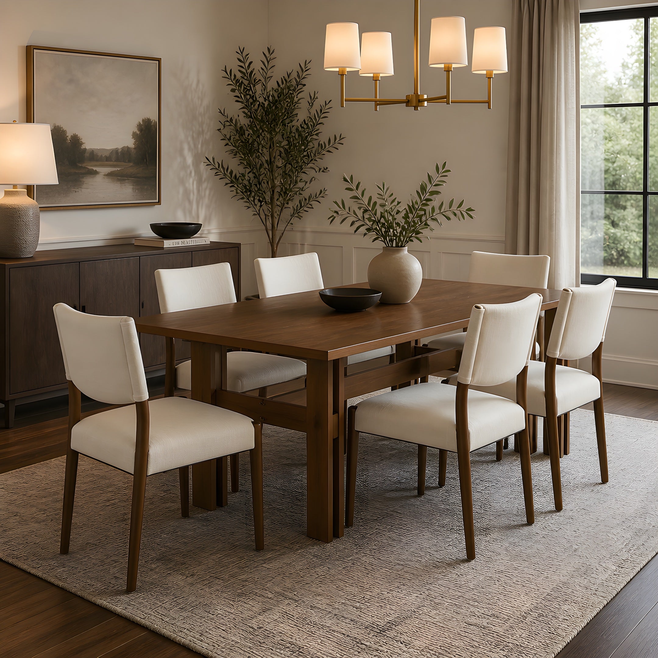 7 Pieces Modern Dining Set, Rustic Farmhouse Solid Wood Kitchen Table Set for 6